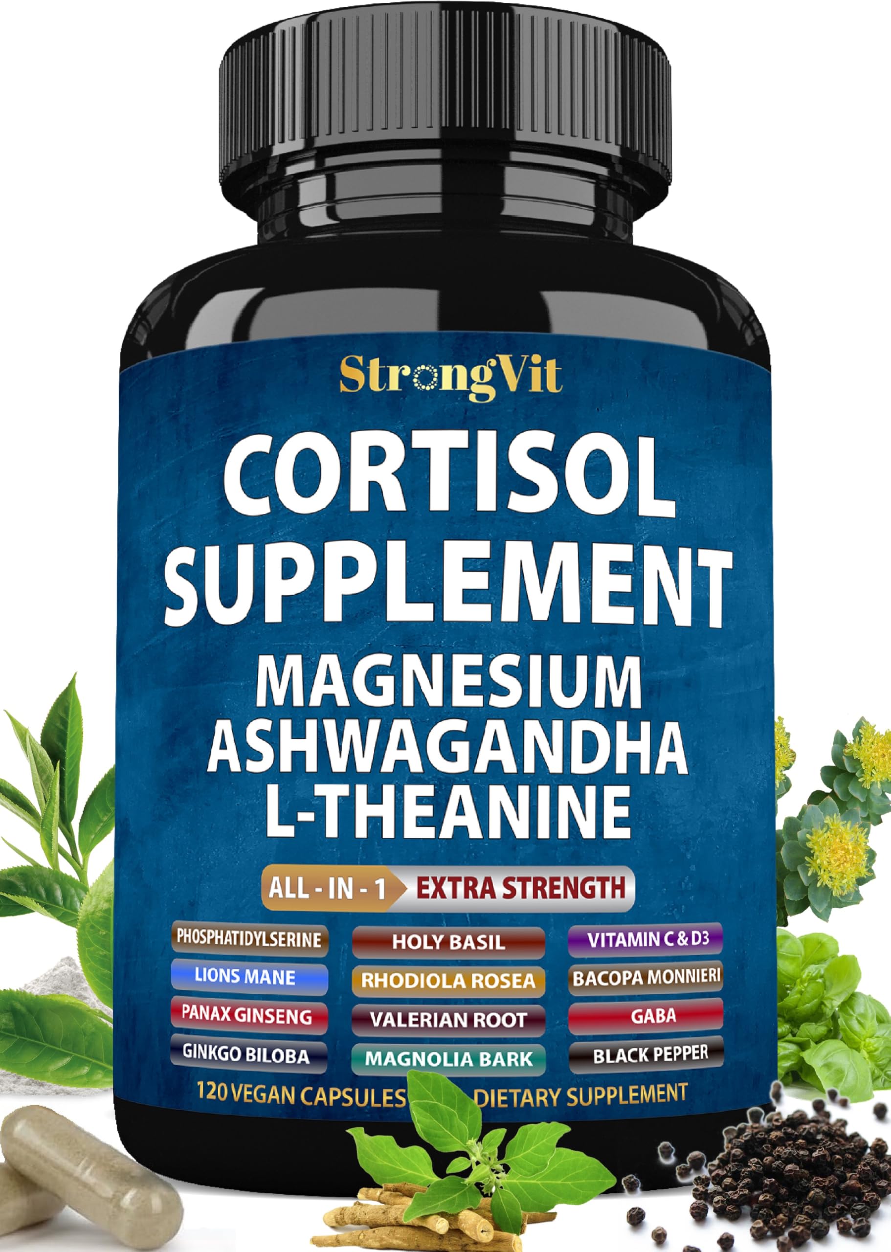StrongVit cortisol supplement bottle shown for daily stress balance