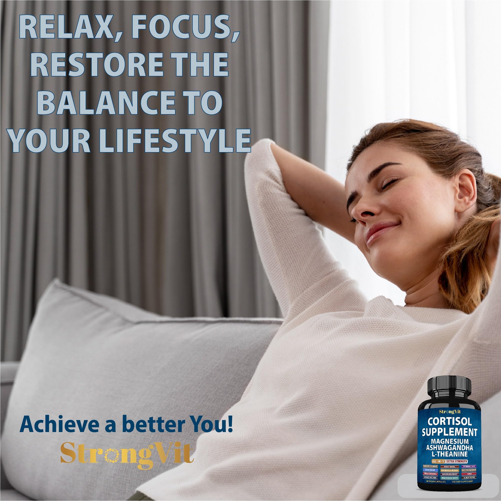 StrongVit cortisol supplement in a sleep-friendly scene supporting restful nights.