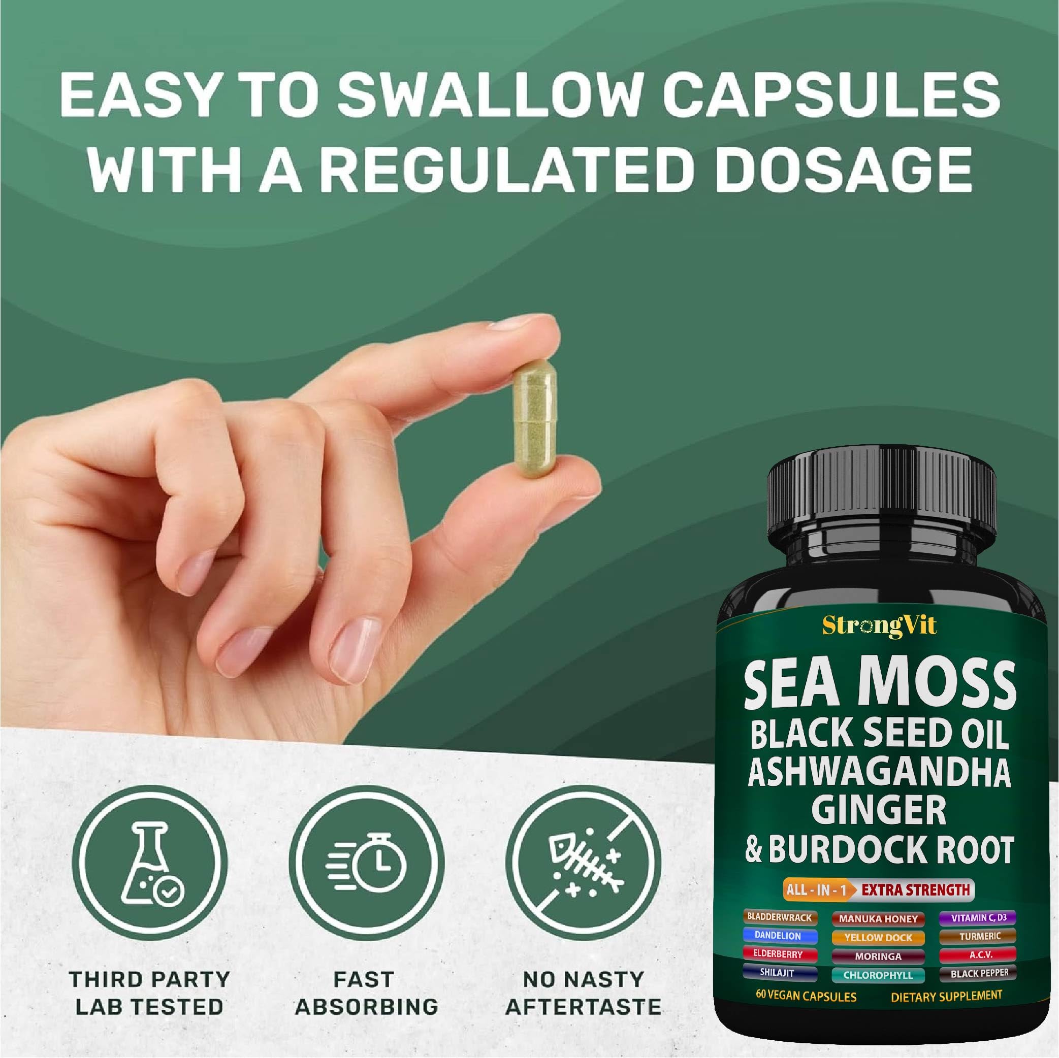 StrongVit Manuka Honey capsules poured over wooden surface, implying natural sweetness and immune aid