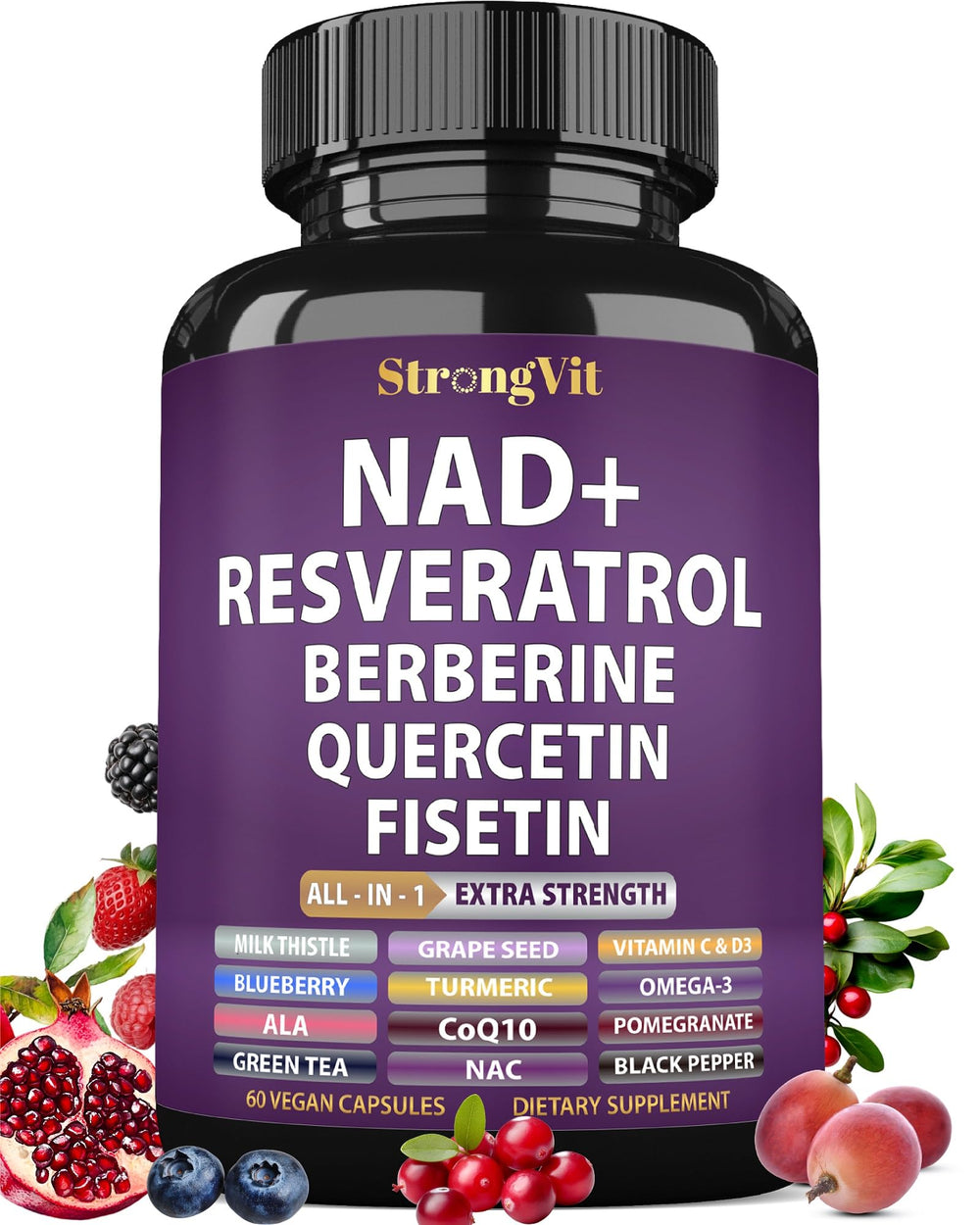 StrongVit NAD Resveratrol bottle for daily wellness and anti-aging support.
