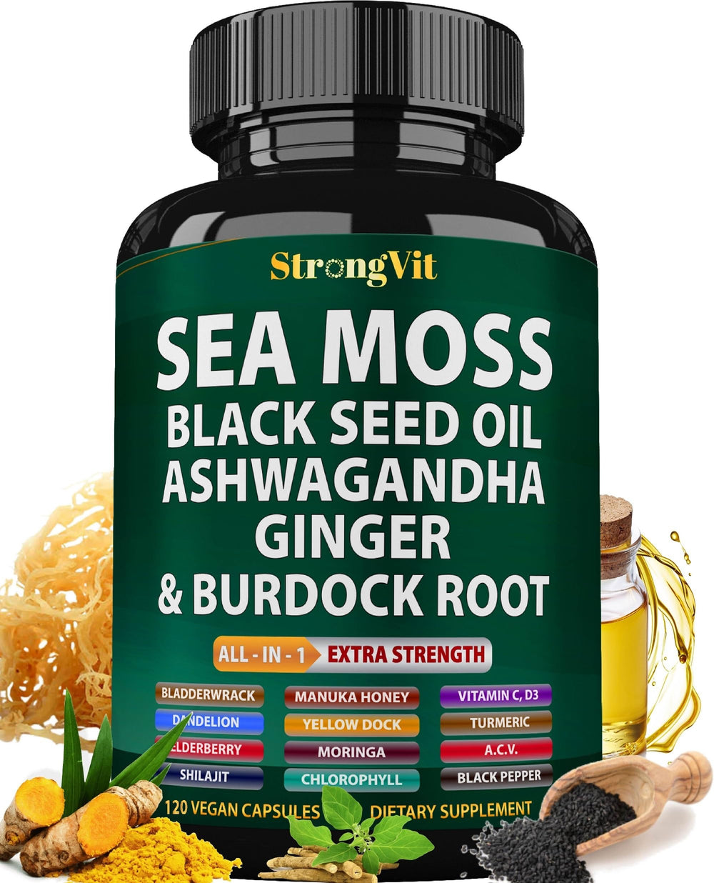 StrongVit Sea Moss capsules bottle closeup showing a natural immune support blend