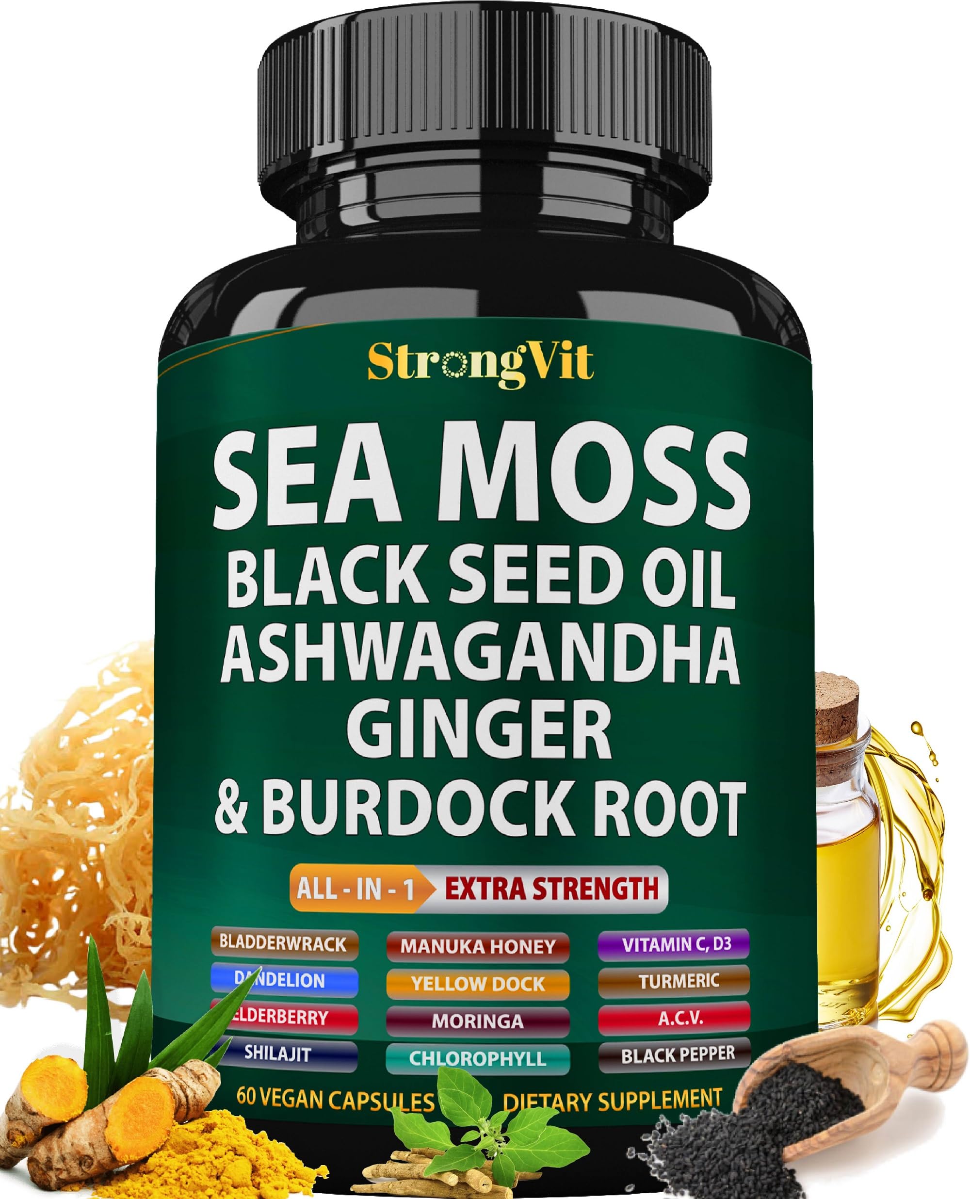 StrongVit Sea Moss bottle front view, highlighting an all-in-one wellness capsule for daily vitality.
