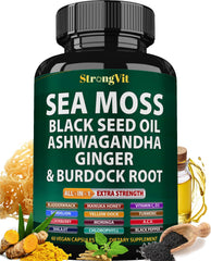 StrongVit Sea Moss bottle front view, highlighting an all-in-one wellness capsule for daily vitality.