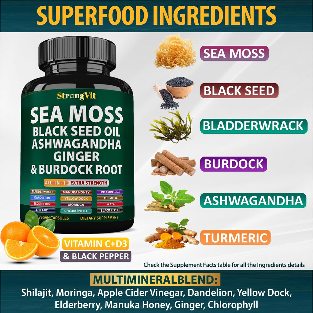 StrongVit Sea Moss capsules on a spoon, suggesting a simple daily wellness ritual.