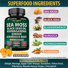 StrongVit Sea Moss capsules on a spoon, suggesting a simple daily wellness ritual.