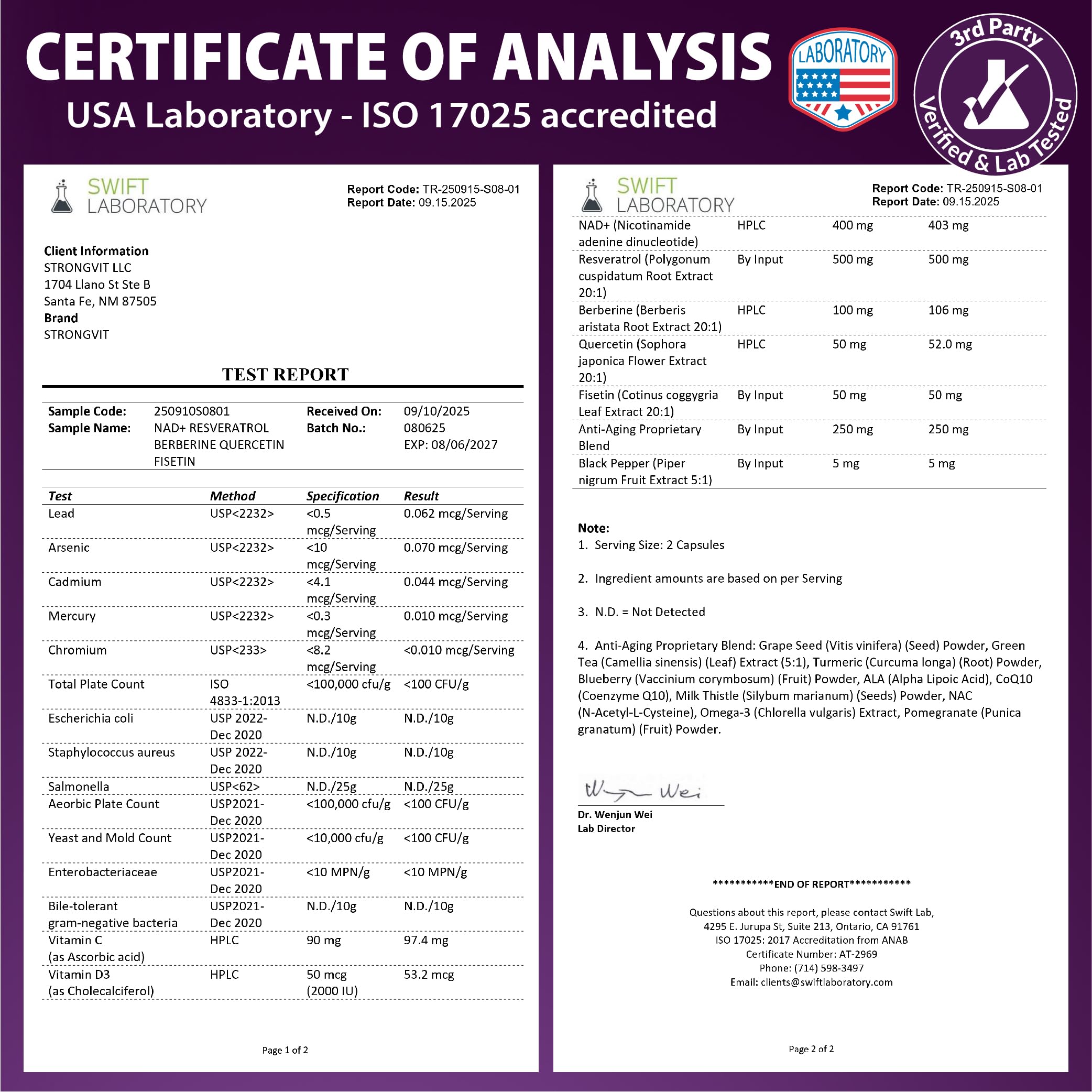 StrongVit USA third-party lab testing certification on packaging.