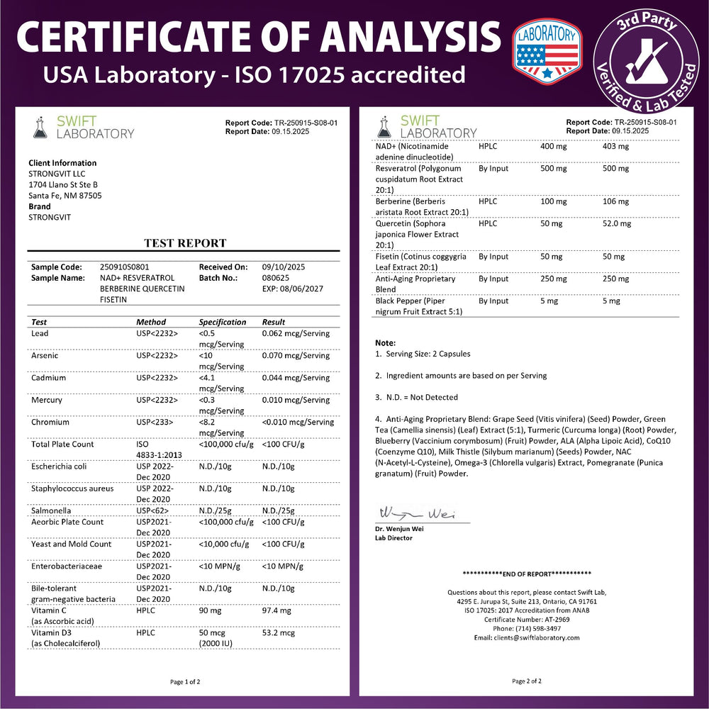 StrongVit USA third-party lab testing certification on packaging.