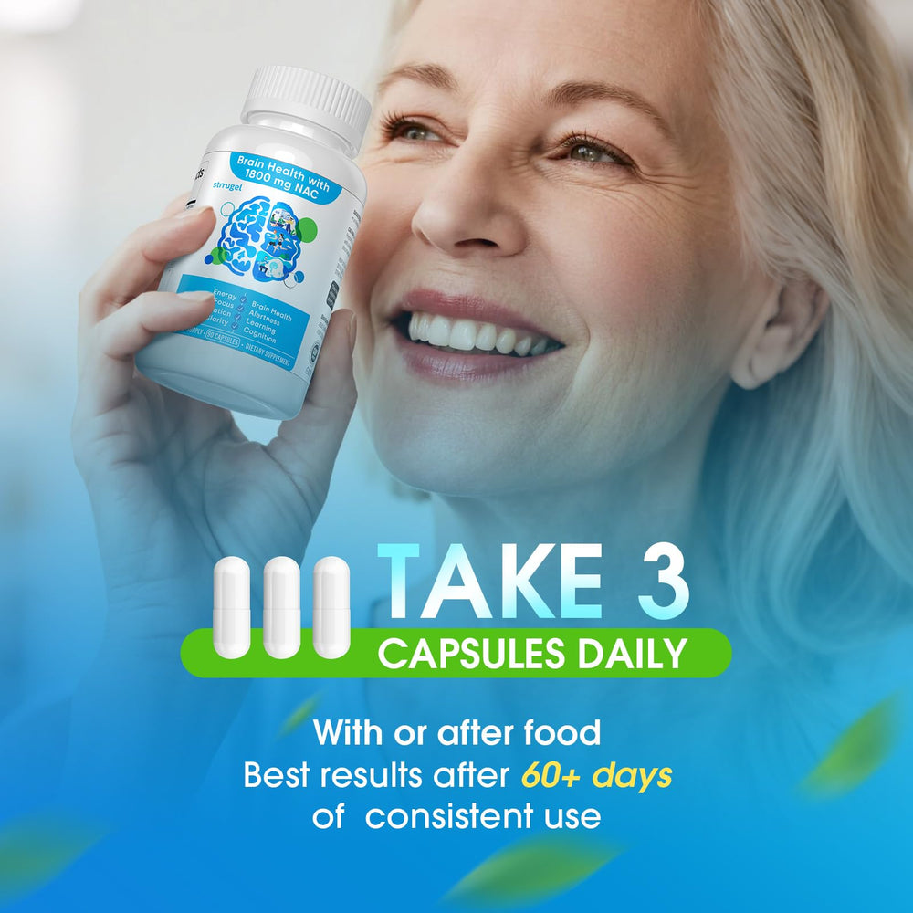 Strrugel NAC Brain Bottle with label indicates high-absorption formula and premium ingredients.