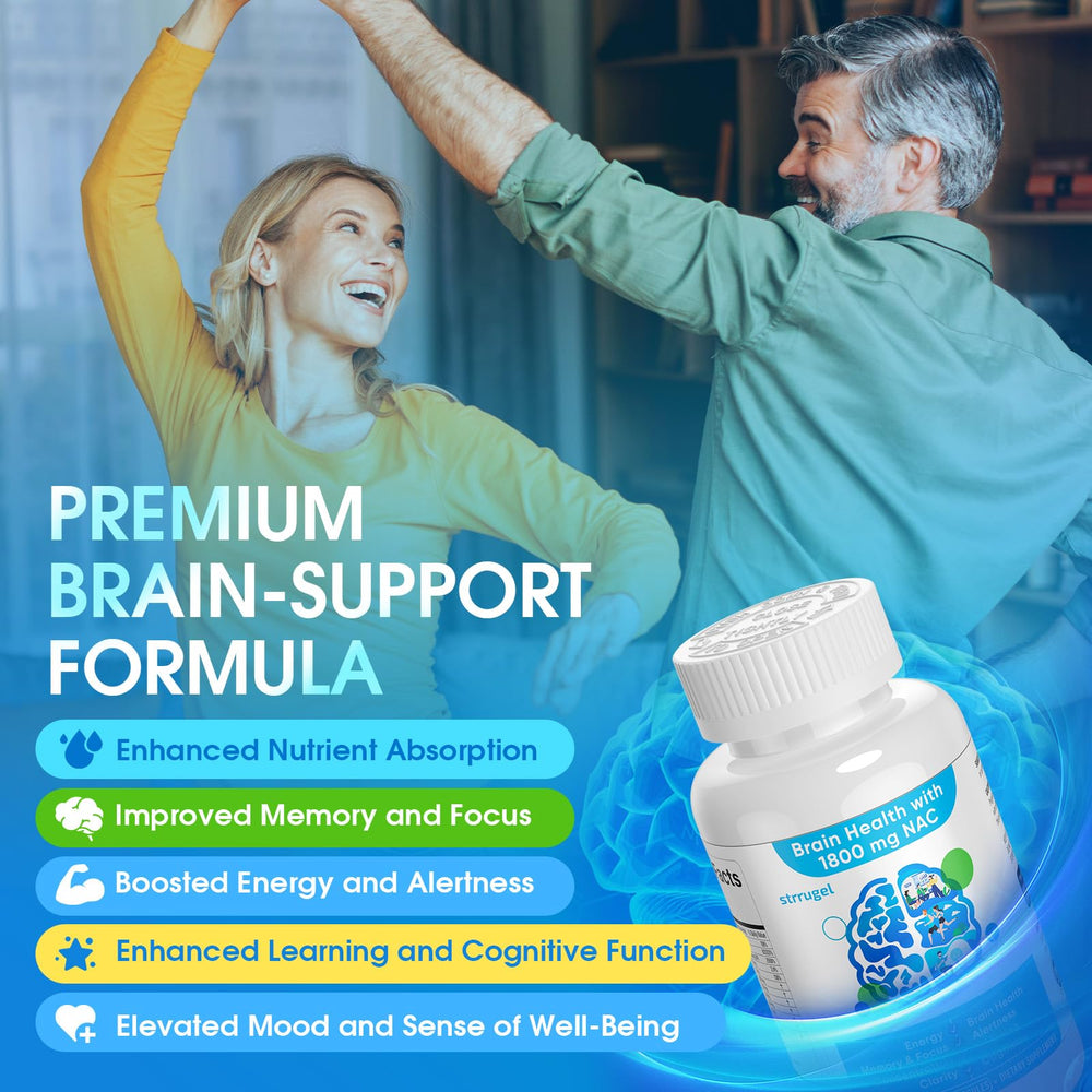 Strrugel NAC Brain Capsules on white background suggest simple, ready-to-take daily dosage.