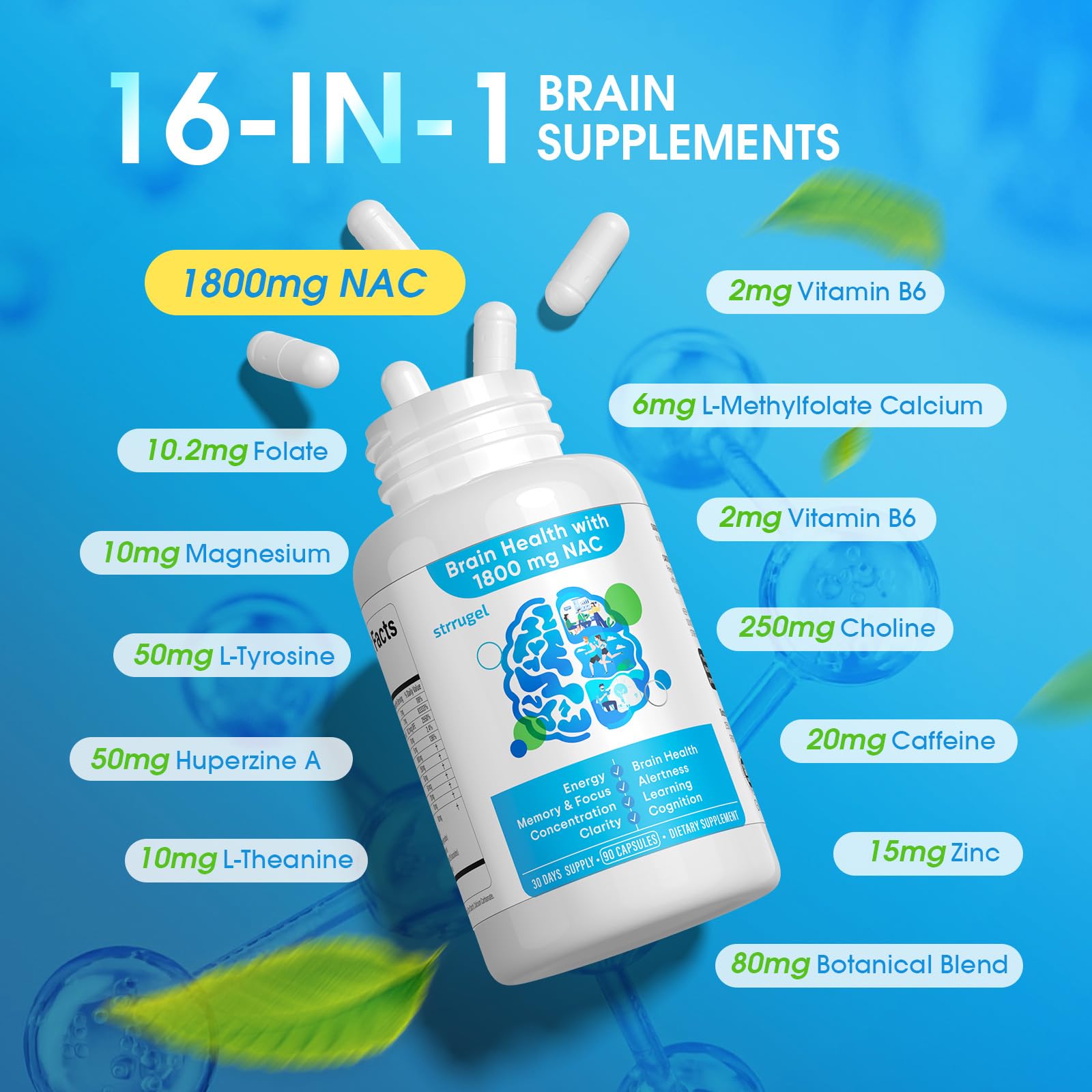Strrugel NAC Brain Label packaging emphasizes purity and clean-label formulation.