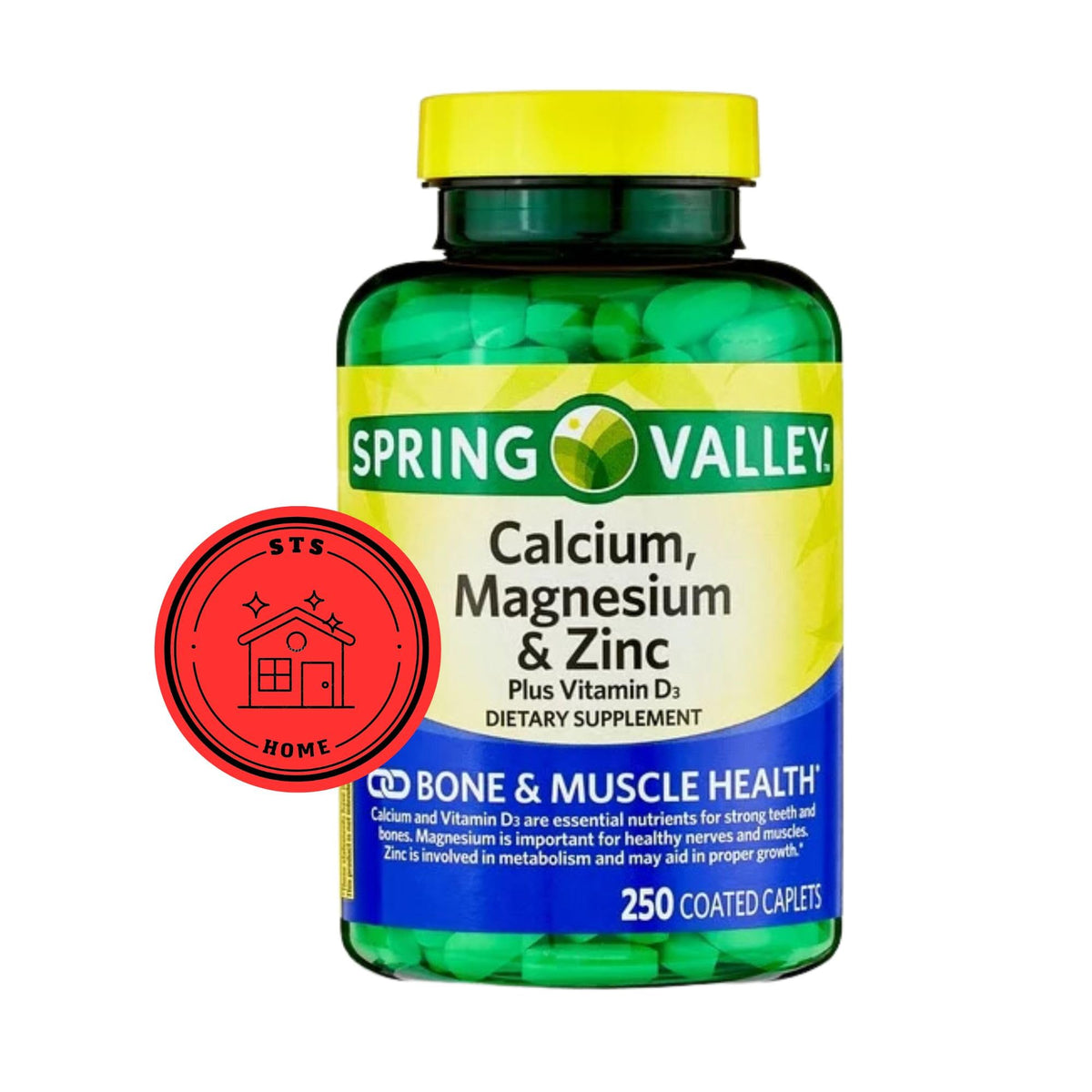STS Home Calcium Magnesium Zinc bottle front showing key nutrients for bone support