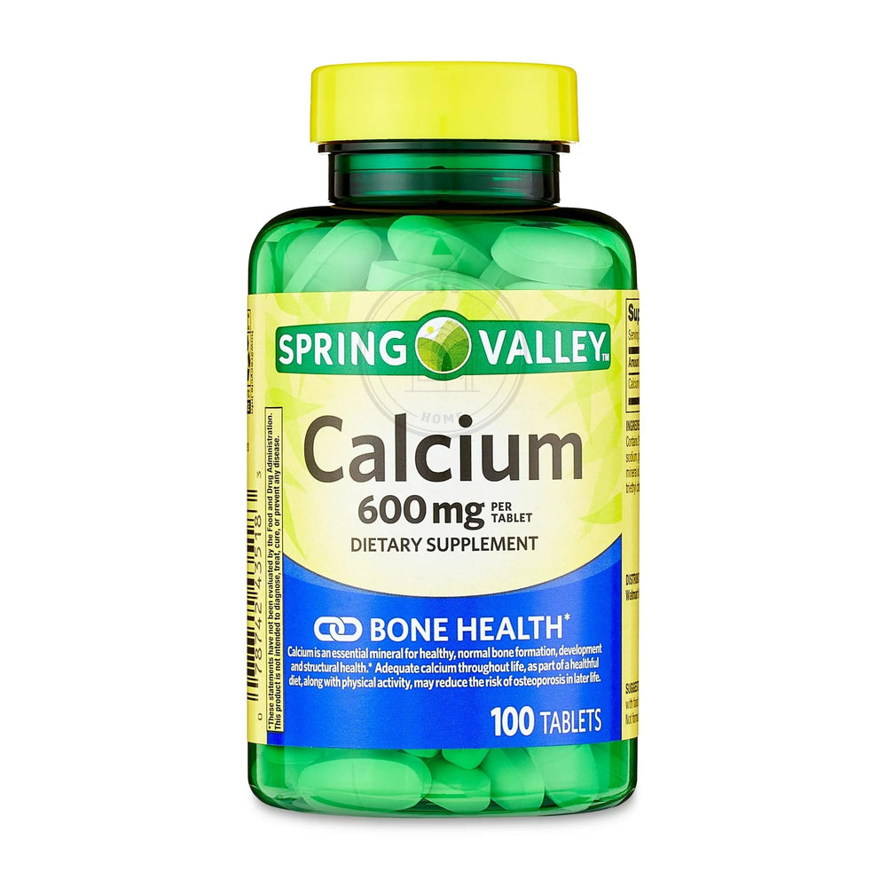 Close-up of 600 mg calcium tablets highlighting strength for bones.