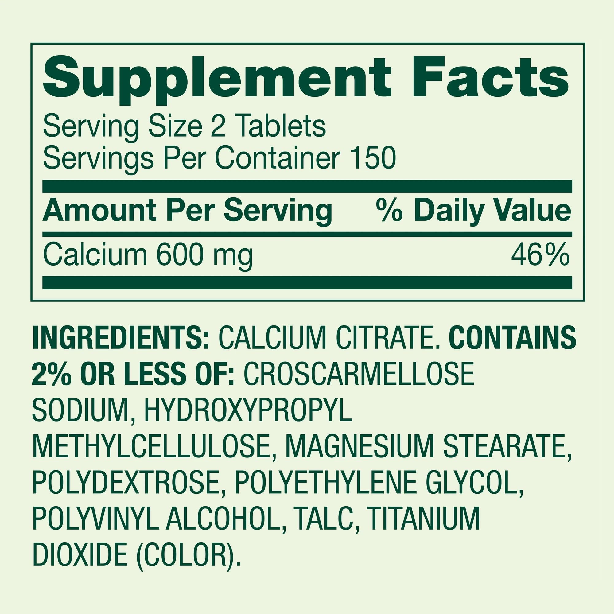 Allergen-free seal on Spring Valley calcium citrate bottle highlights gluten-free and lactose-free formula