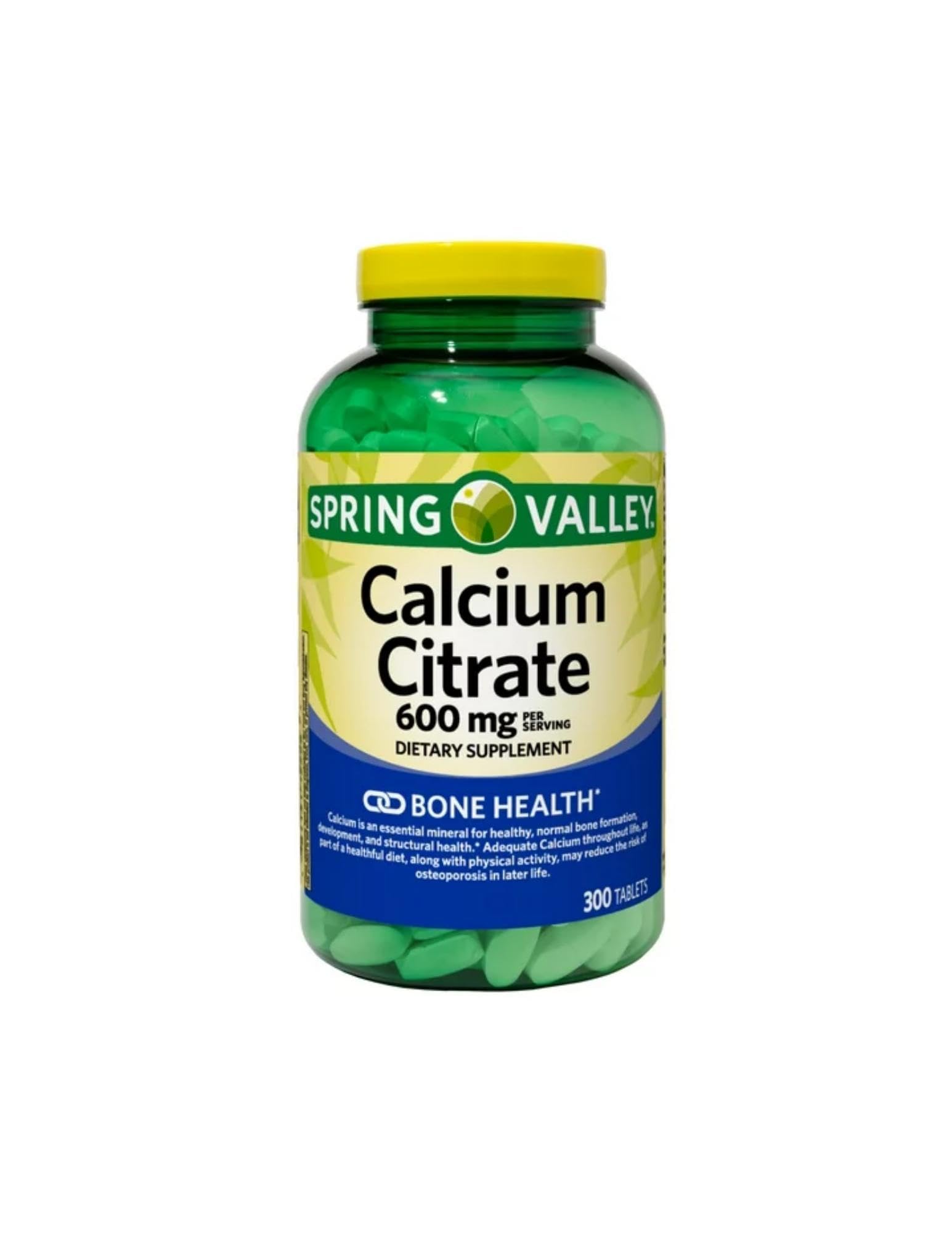 Spring Valley calcium citrate tablets close-up shows round, neutral-colored pills