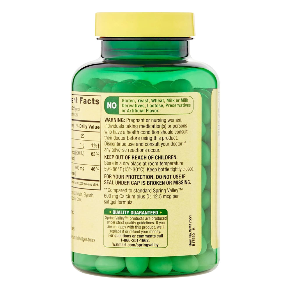On-the-go lifestyle with Spring Valley calcium-d3 softgels in container.