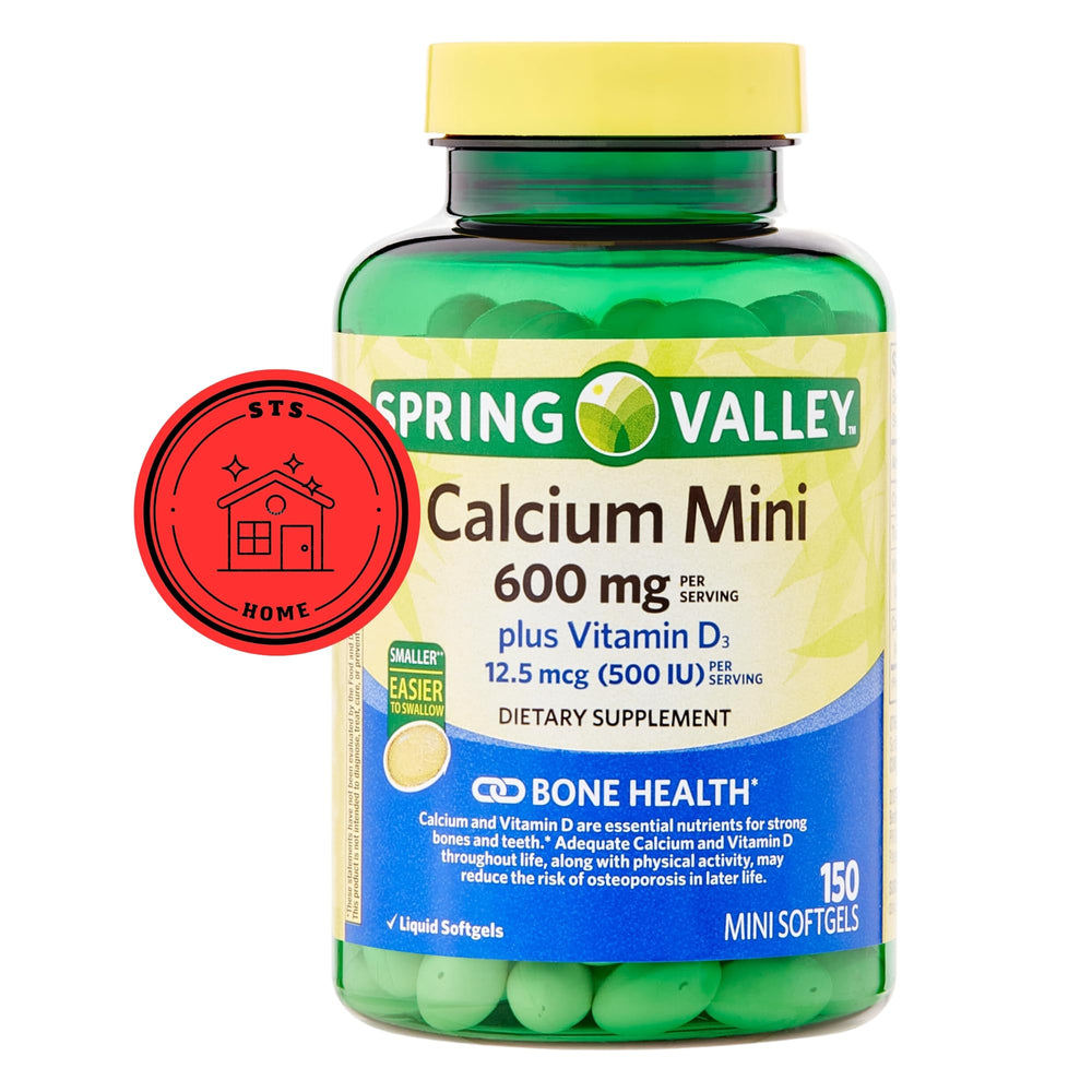 Spring Valley label view highlights 600 mg calcium per serving for bone health.
