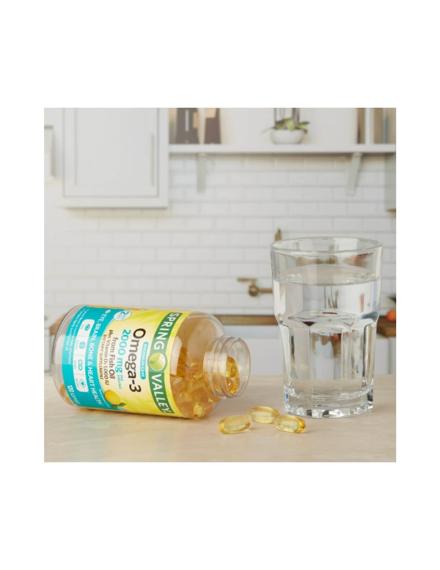 STS Home Spring Valley Omega-3 softgels close-up emphasizes lemon flavor with minimal fishy aftertaste