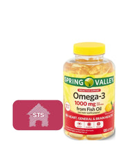 STS Home Spring Valley Omega-3 bottle image highlighting 1000 mg softgels for heart and brain support.