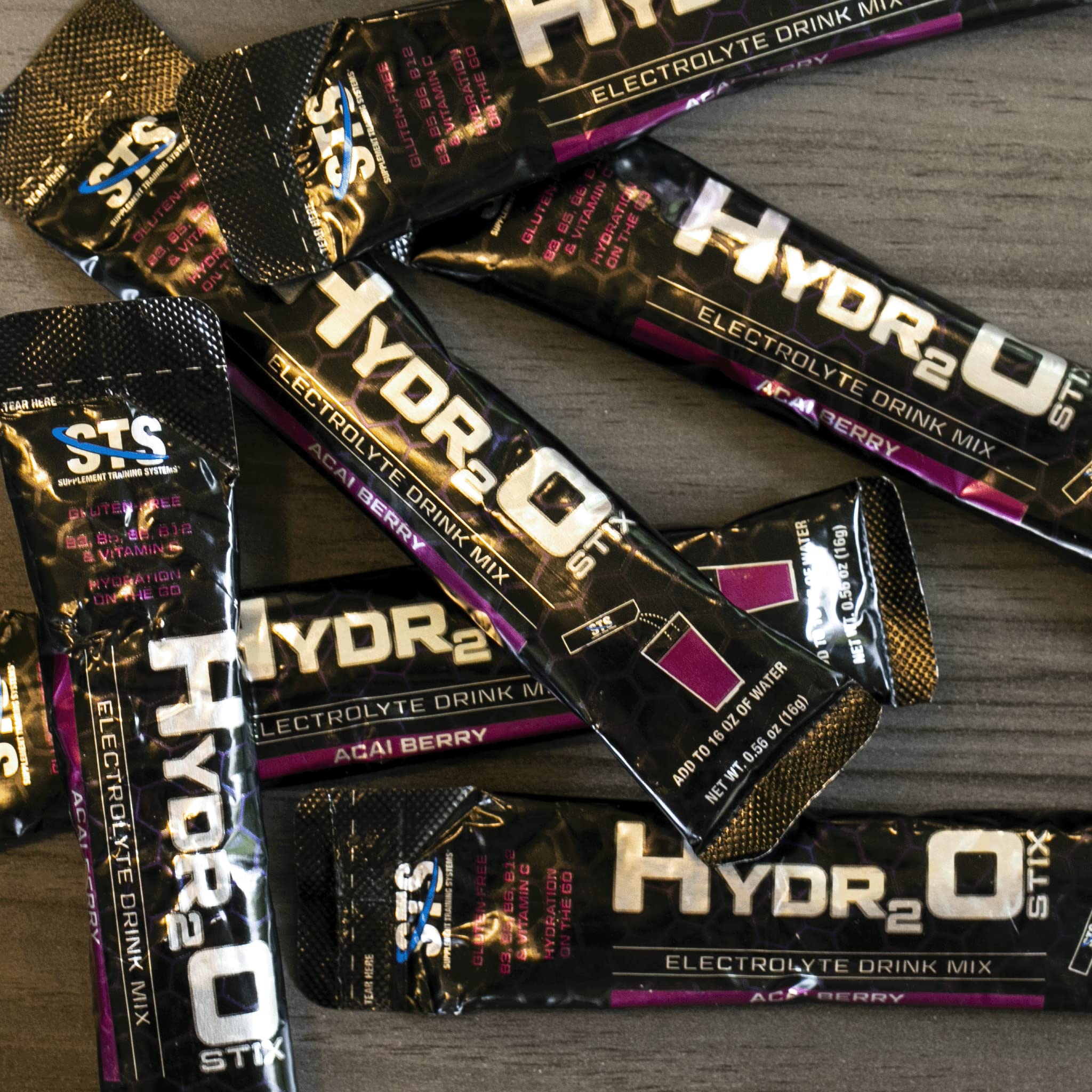 Daily-use STS Hydro Stix sachets displayed for on-the-go hydration.