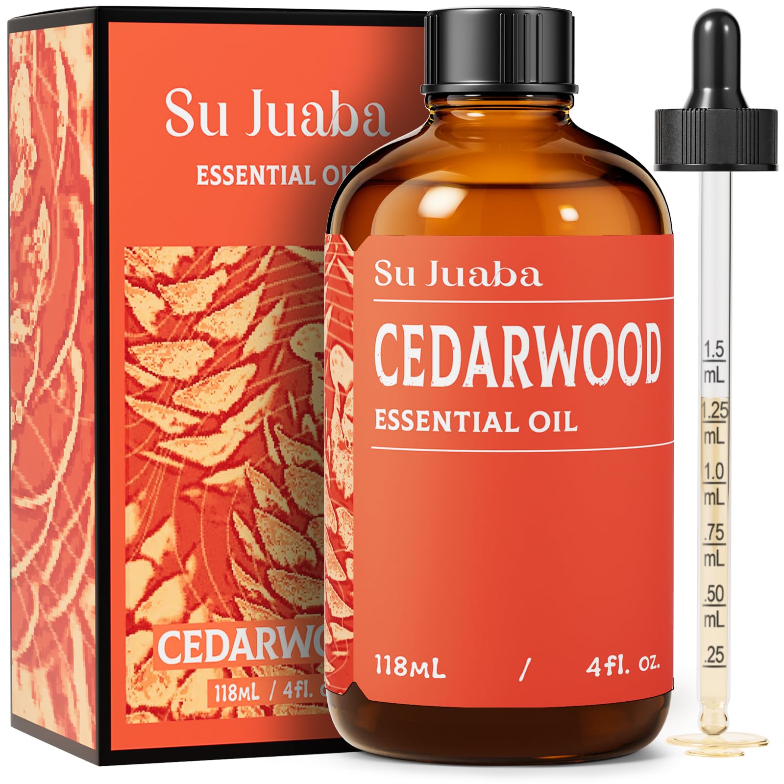 SU JUABA Cedarwood oil amber bottle on wood, pure aromatherapy for relaxation.