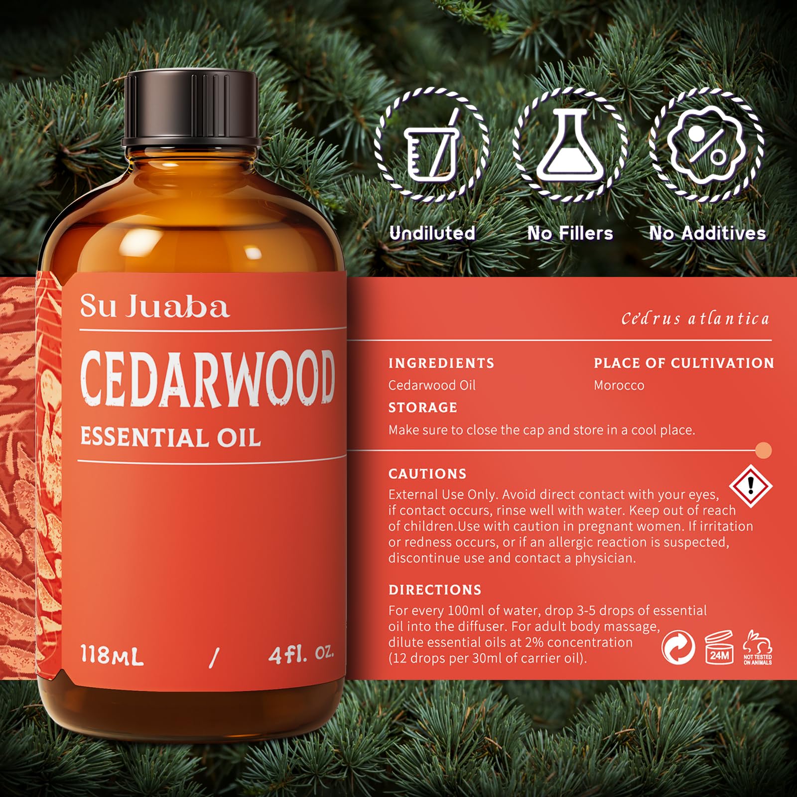 SU JUABA Cedarwood oil safety tip illustration for patch test and dilution guidance.