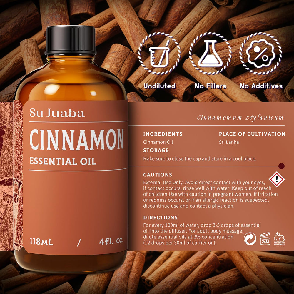 Amber bottle packaging for SU JUABA Cinnamon essential oil protects aroma
