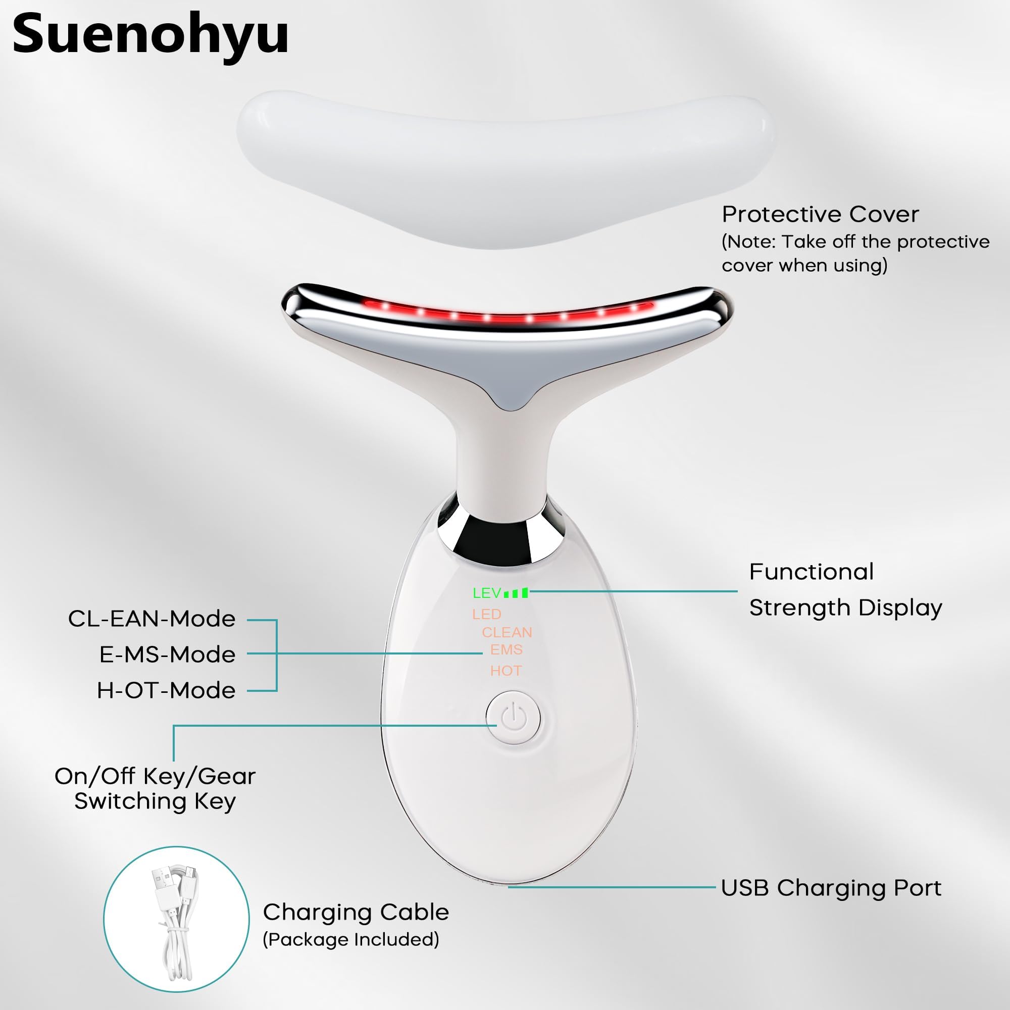 Suenohyu neck and face massager with heat mode for absorption.