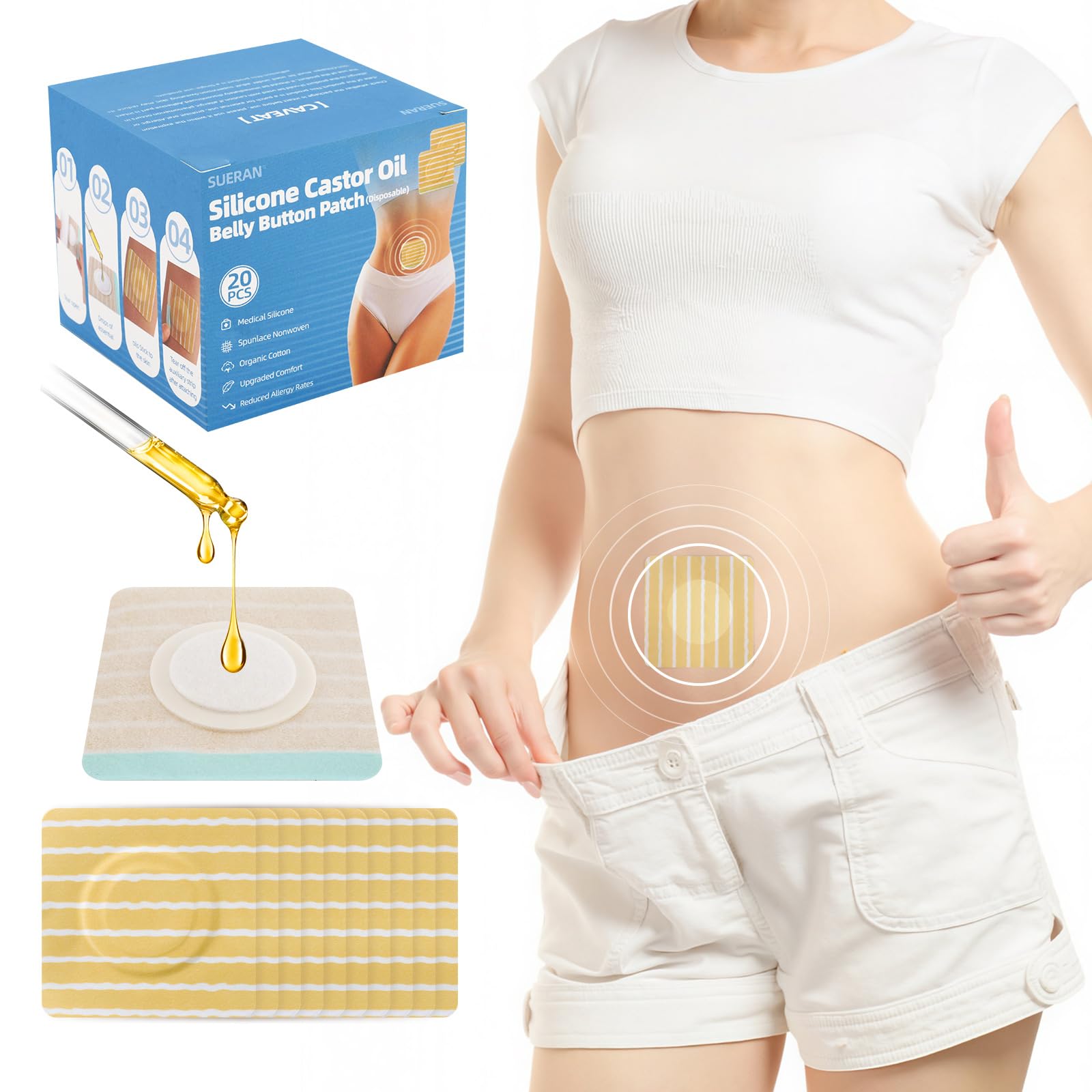 Sueran castor oil patch with soft silicone for gentle skin contact.
