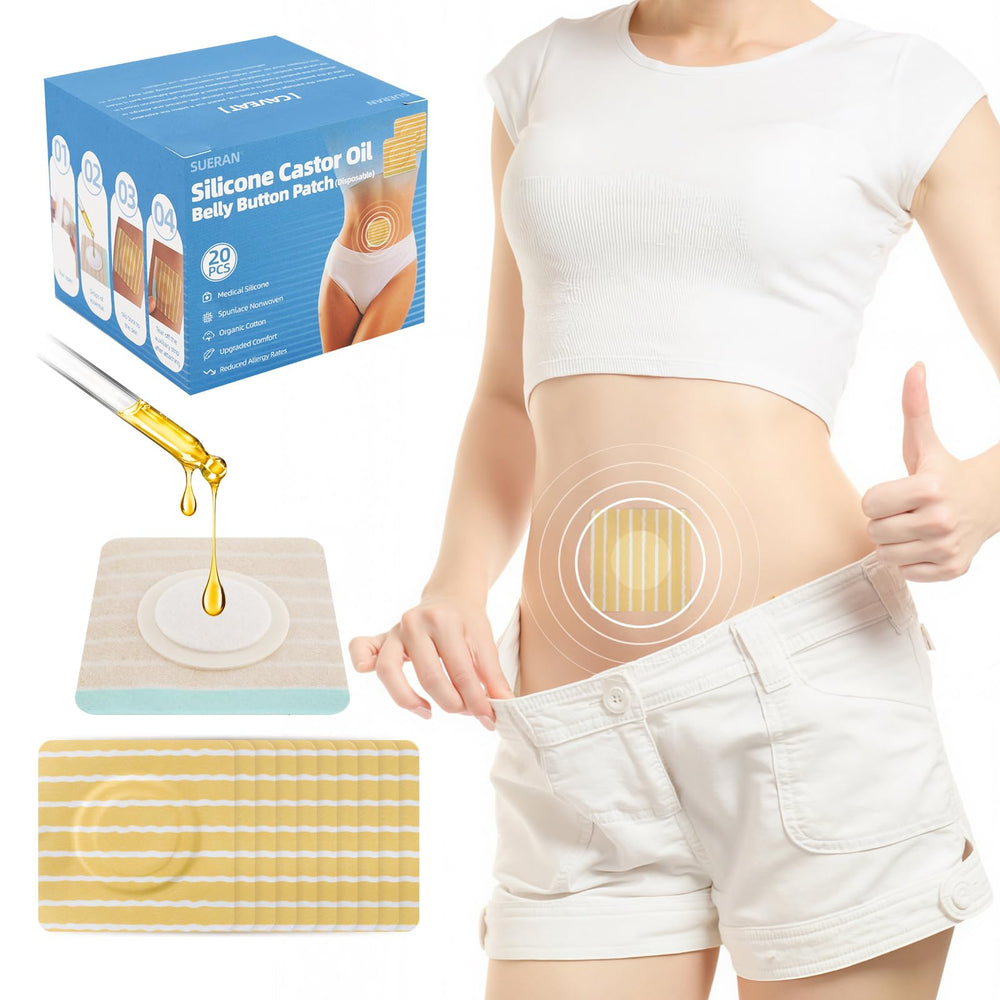 Sueran castor oil patch with soft silicone for gentle skin contact.