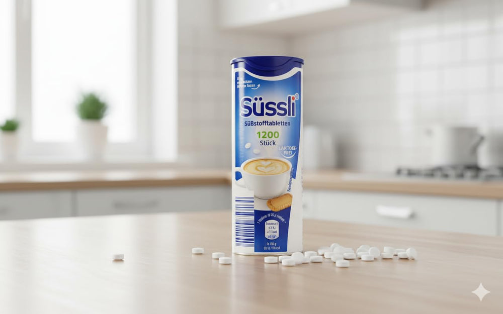 Suessli sweetener tablets for coffee and tea on the go.