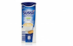 Suessli sweetener tablets in a dispenser, convenient for daily beverages.