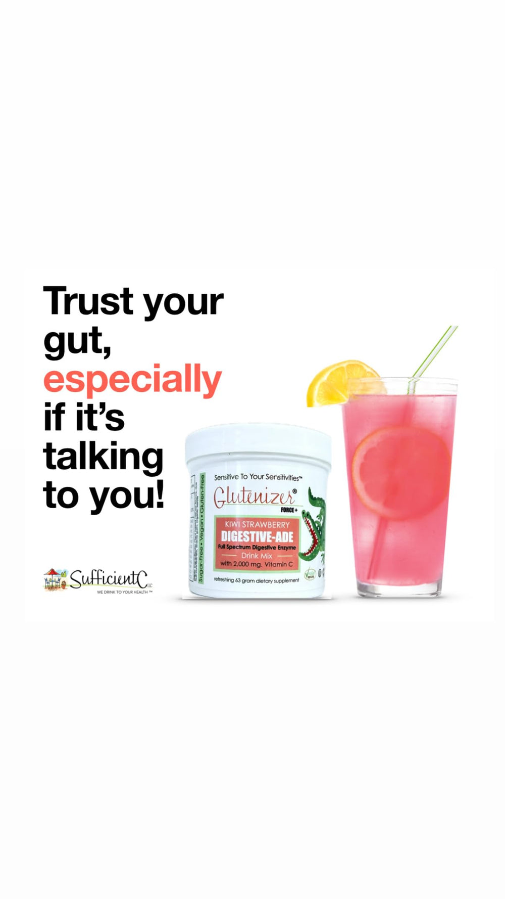Glutenizer Force Plus Kiwi-Strawberry dissolves easily for a refreshing, chemical-free drink.