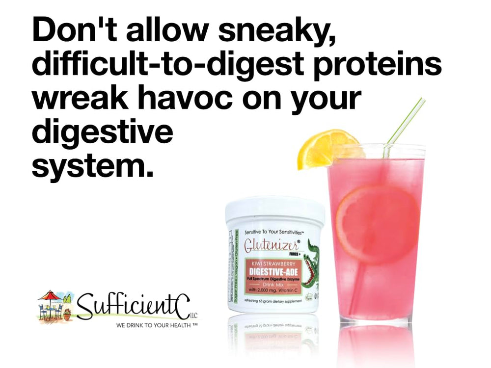 Kiosk-style display shows Sufficient-C Glutenizer Force Plus in premium enzyme line.