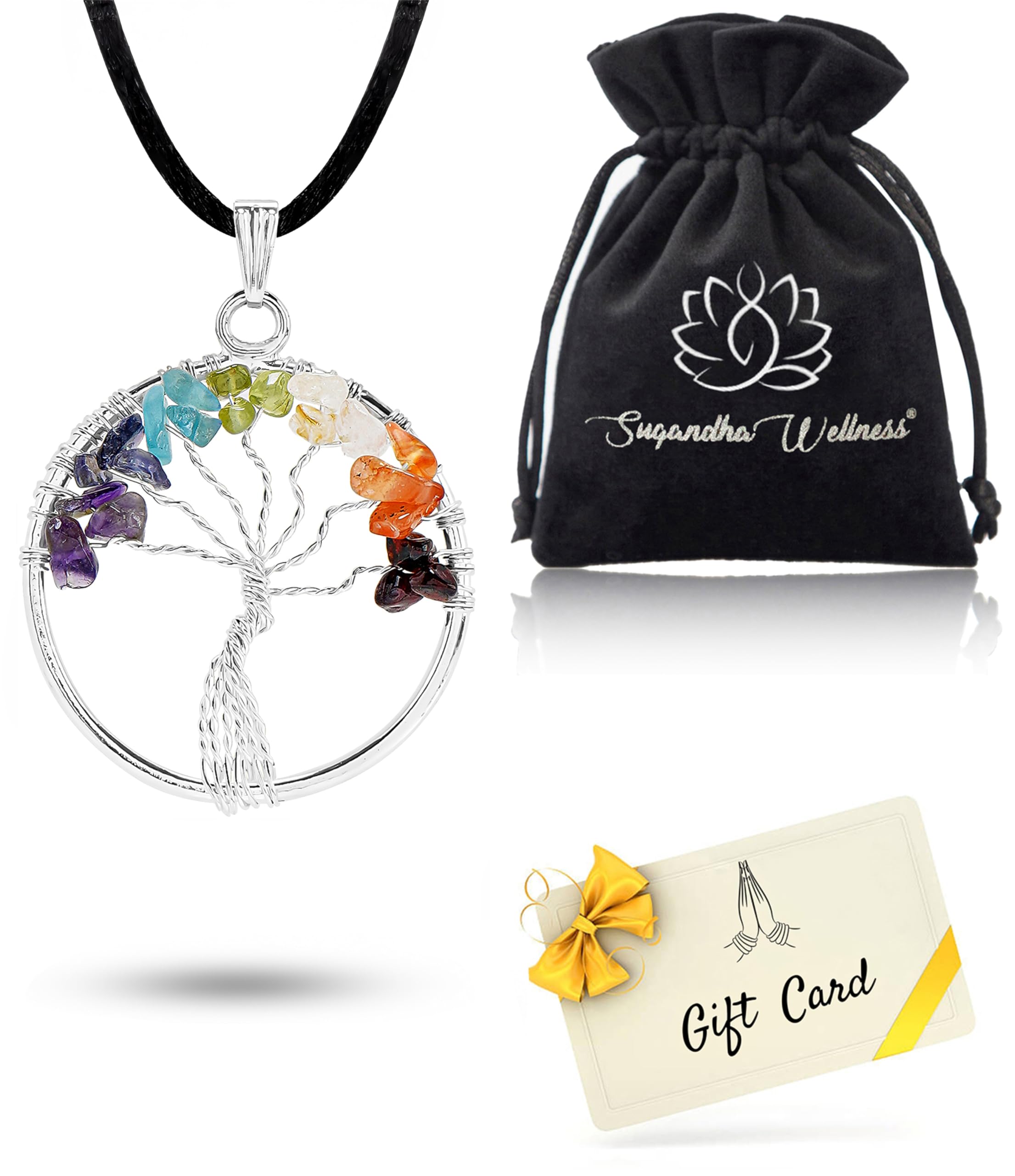 Sugandha Wellness 7 Chakra Tree of Life pendant leaves detail for balanced energy.