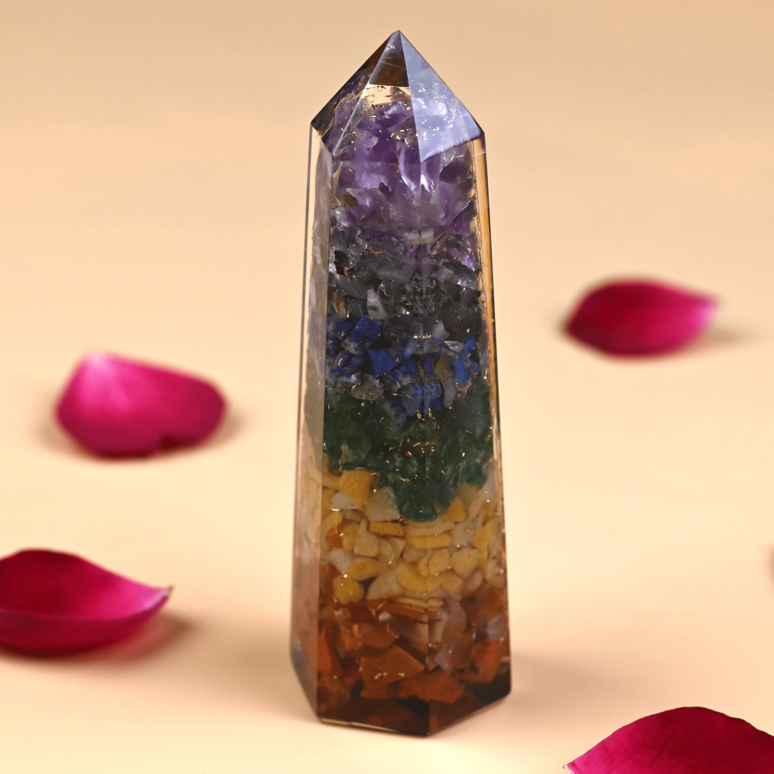 Sugandha Wellness Labradorite Orgonite Tower lit glow enhances ambiance