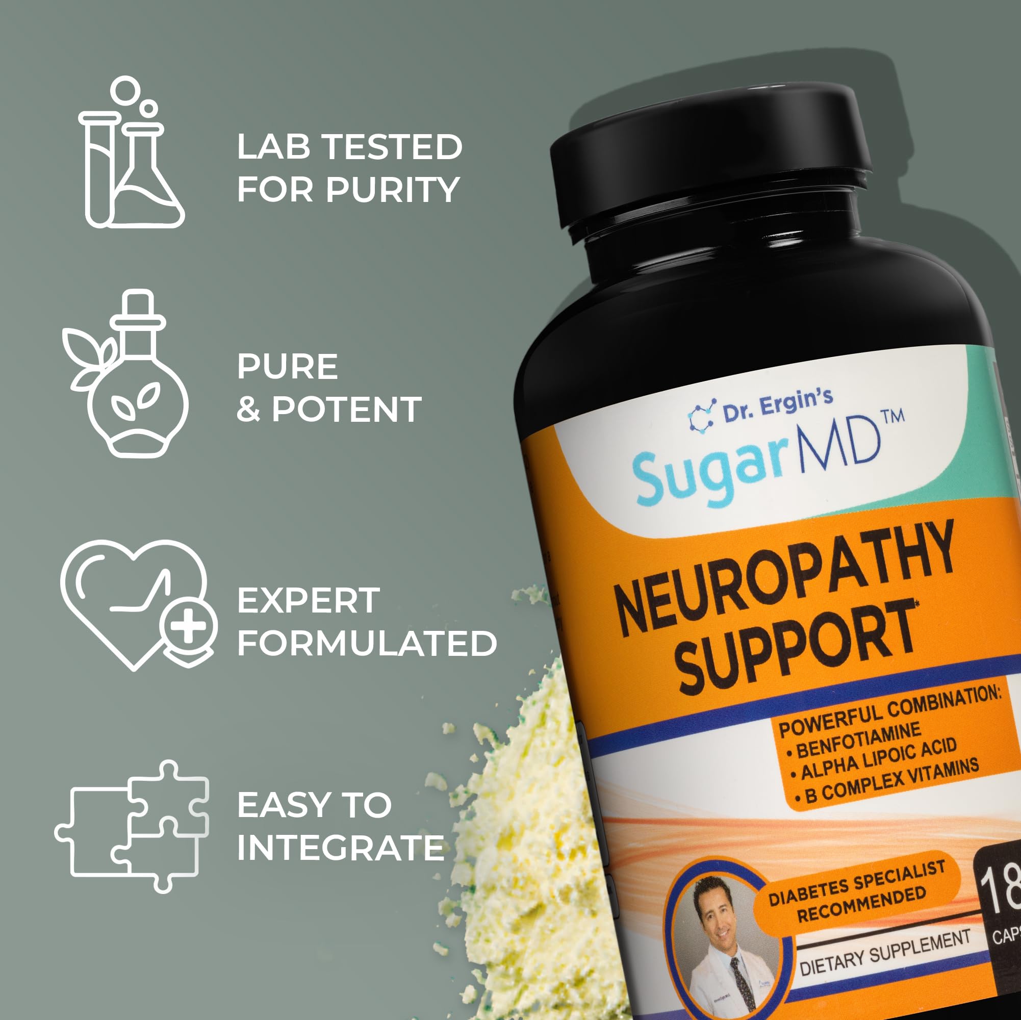 SugarMD Neuropathy bottle back panel highlights directions and storage tips.