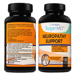 SugarMD Neuropathy bottle front featuring 180 capsules for convenient daily nerve support.