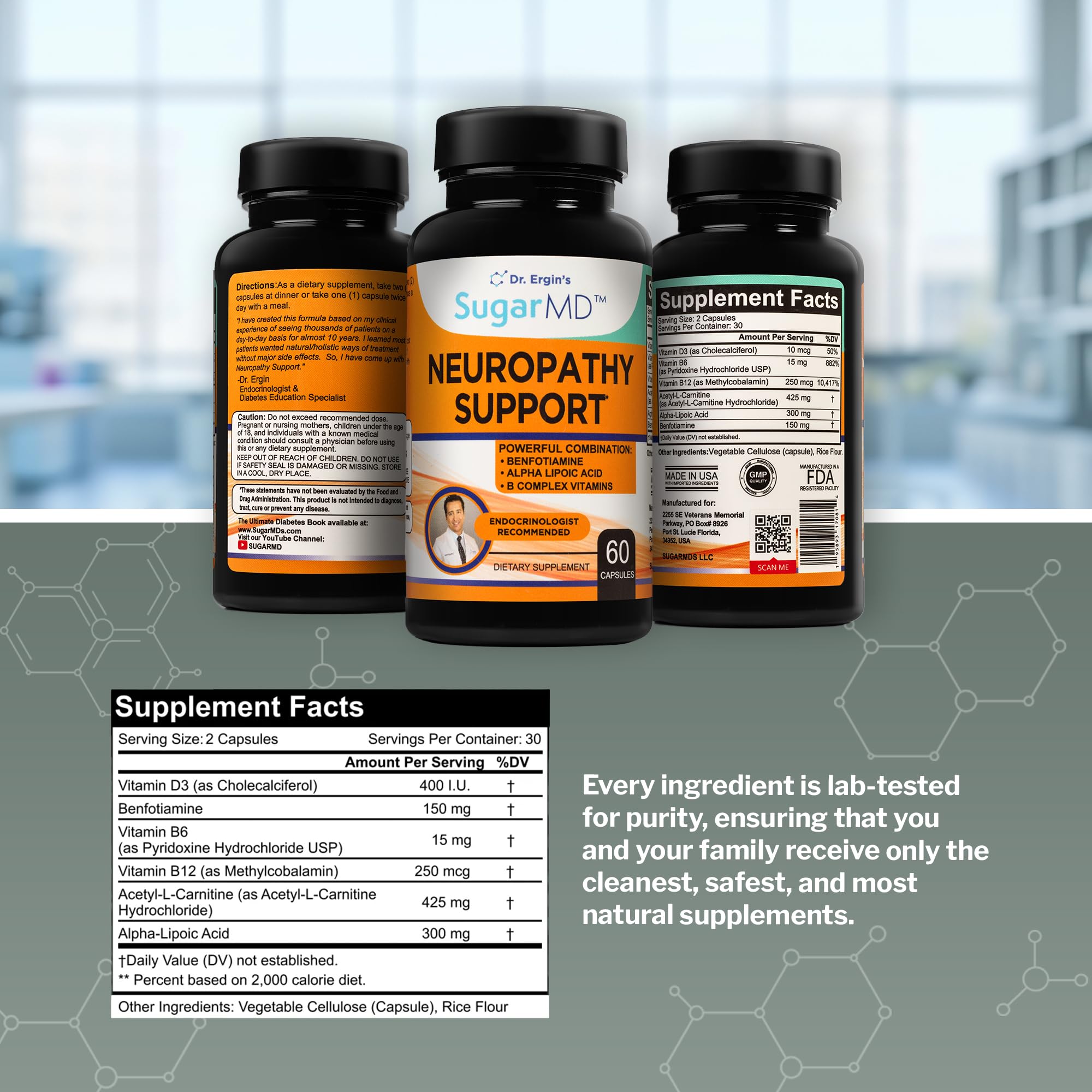 SugarMD Neuropathy label notes vegan and non-GMO formulation.