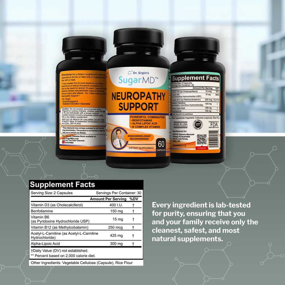 SugarMD Neuropathy label notes vegan and non-GMO formulation.