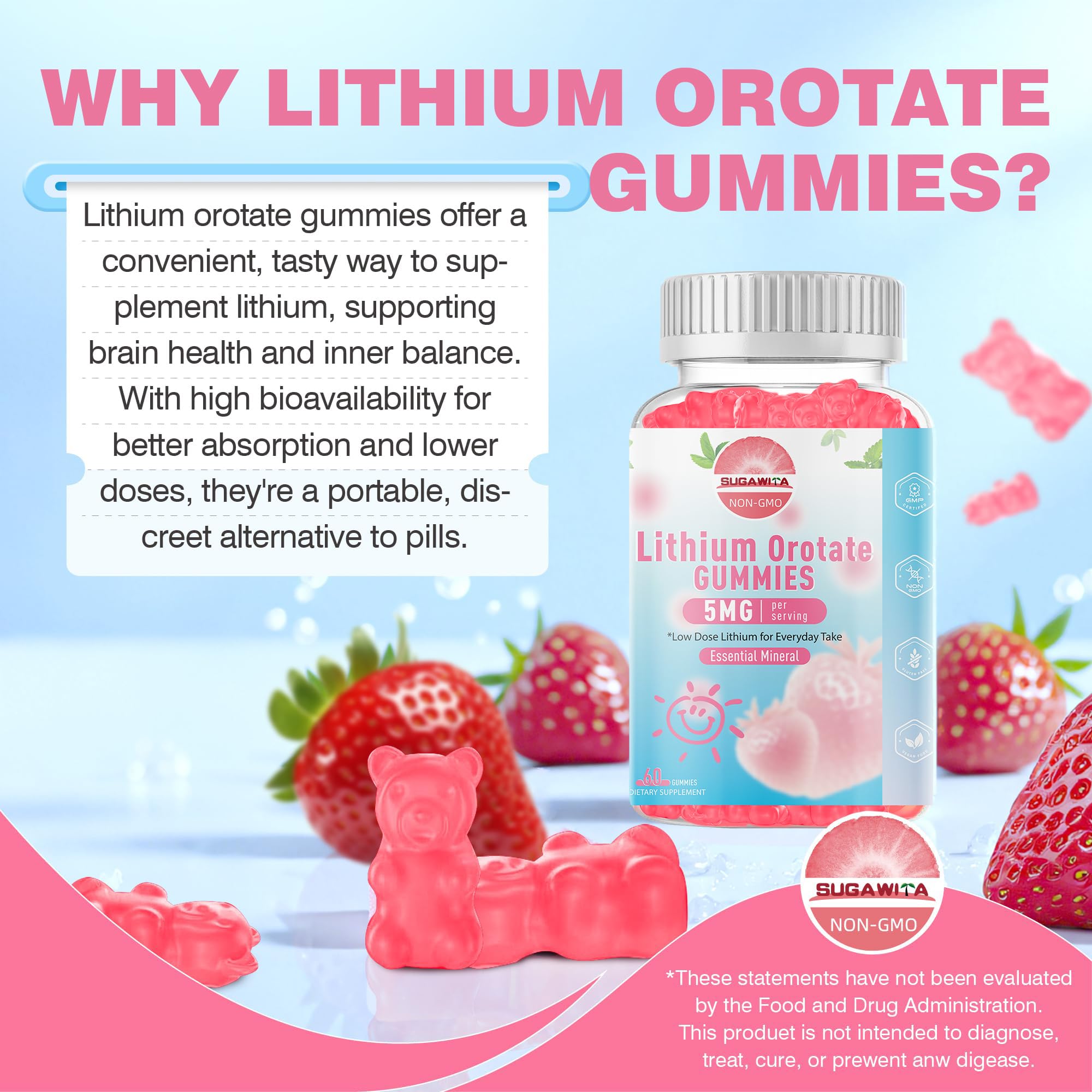 SUGAWITA Gummies bottle closeup highlighting vegan, non-GMO formula.