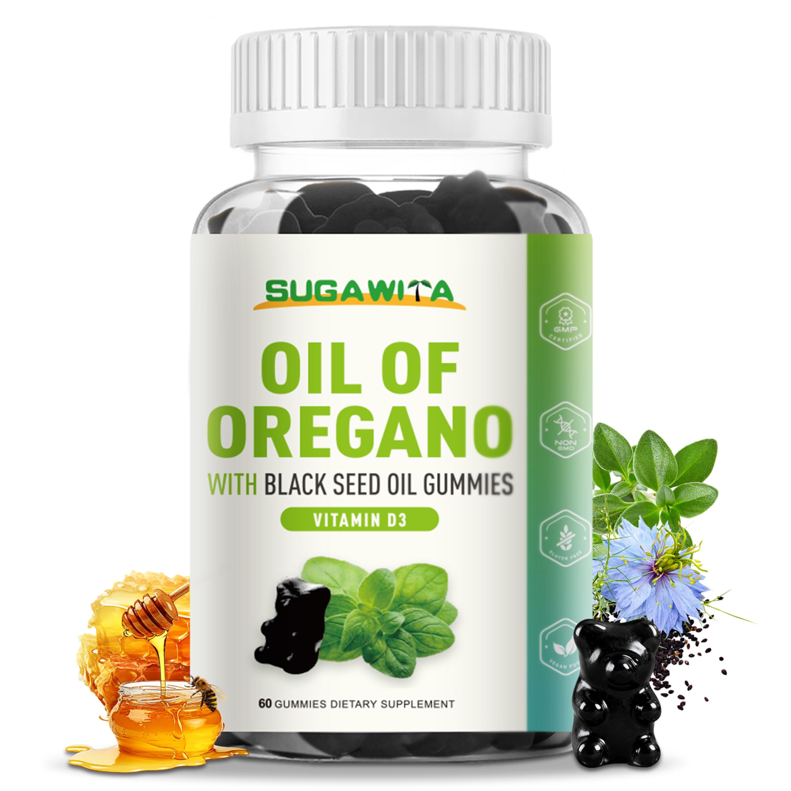 SUGAWITA oregano oil gummies bottle highlighting immune support and natural wellness.