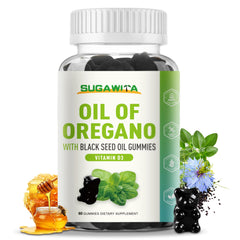SUGAWITA oregano oil gummies bottle highlighting immune support and natural wellness.