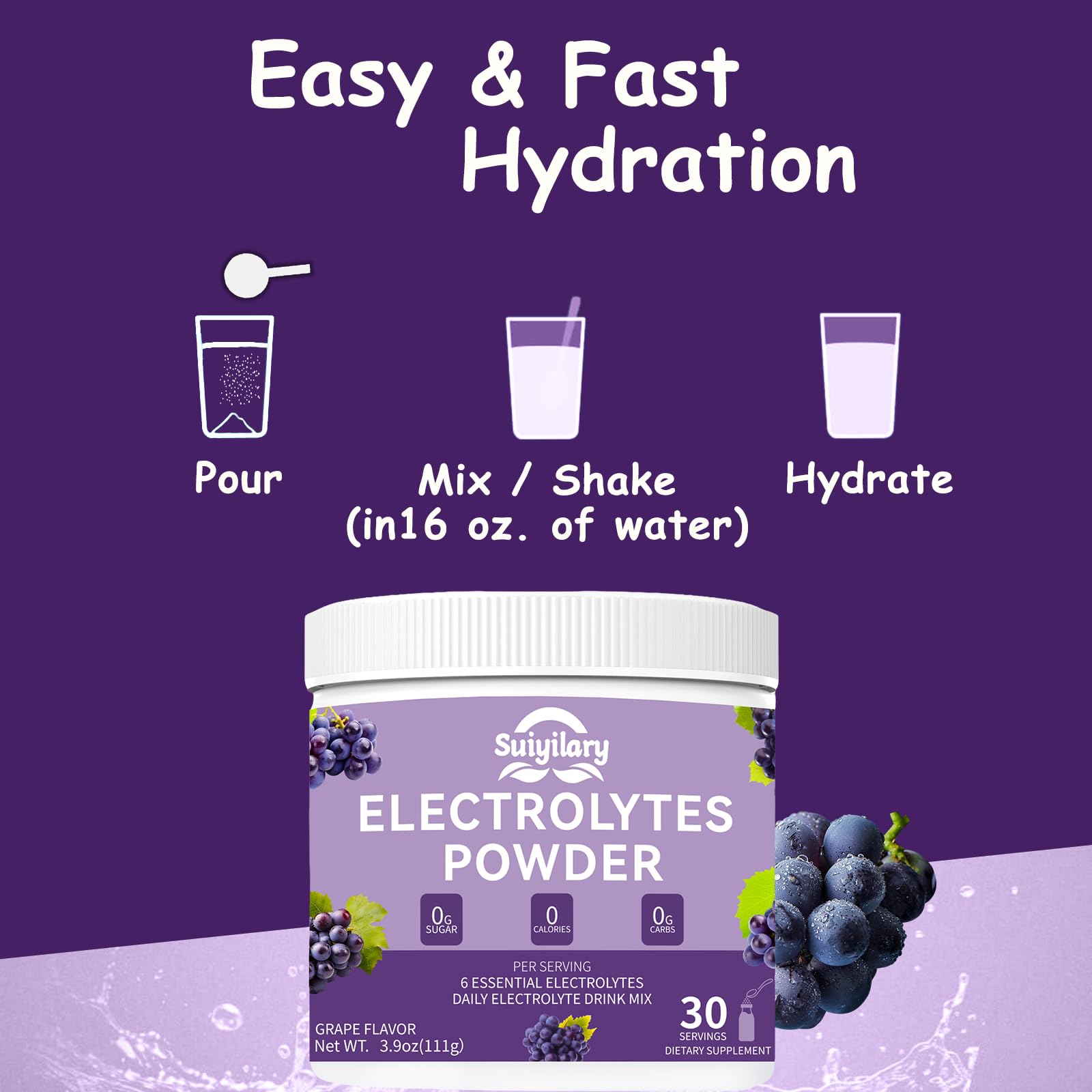 Suiyilary 30-serving packaging indicating long-lasting hydration supply.