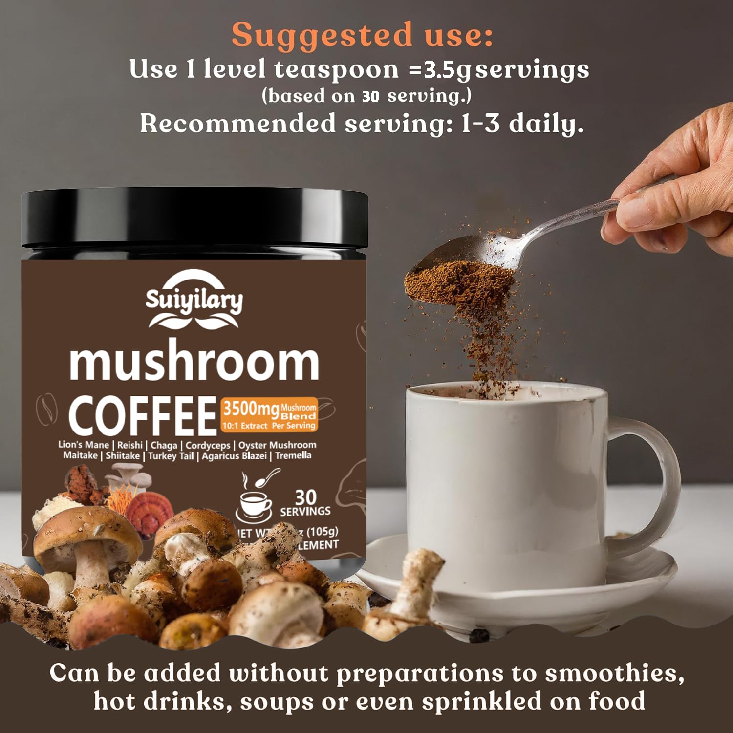 Suiyilary label shows 30 servings for a month-long routine.