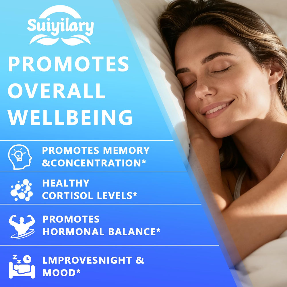 Suiyilary Ashwagandha and L-Theanine ingredients label suggesting natural balance.
