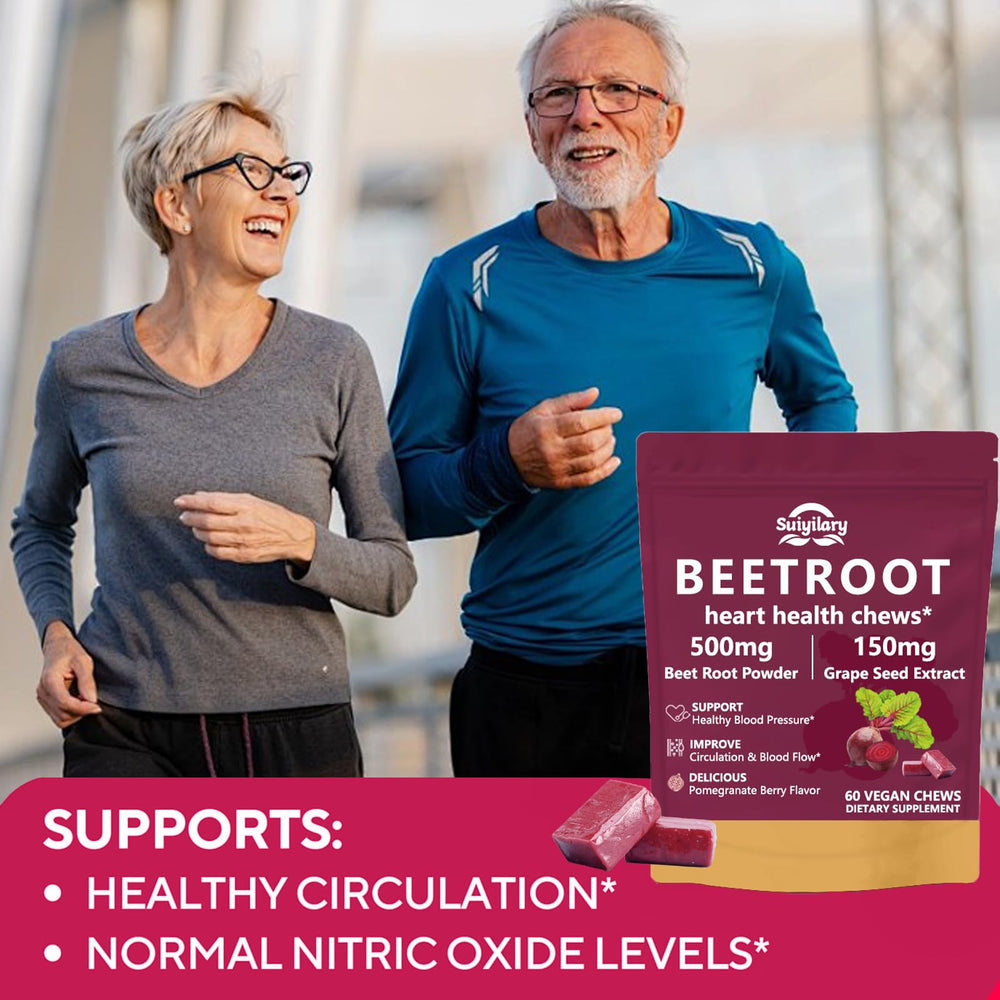 Suiyilary Beet Root Soft Chews close-up of beetroot and grape seed ingredients for endurance.