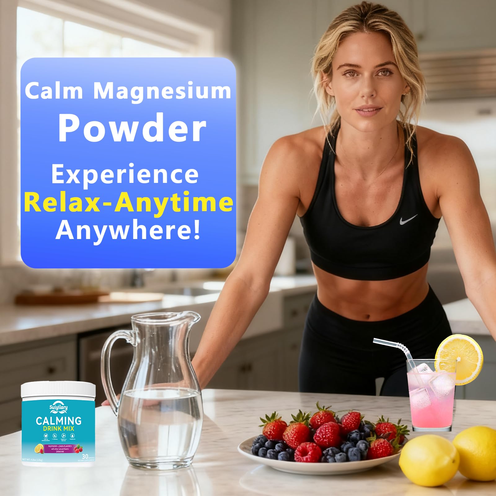 Suiyilary Calm Magnesium Powder scoop ready for precise servings.