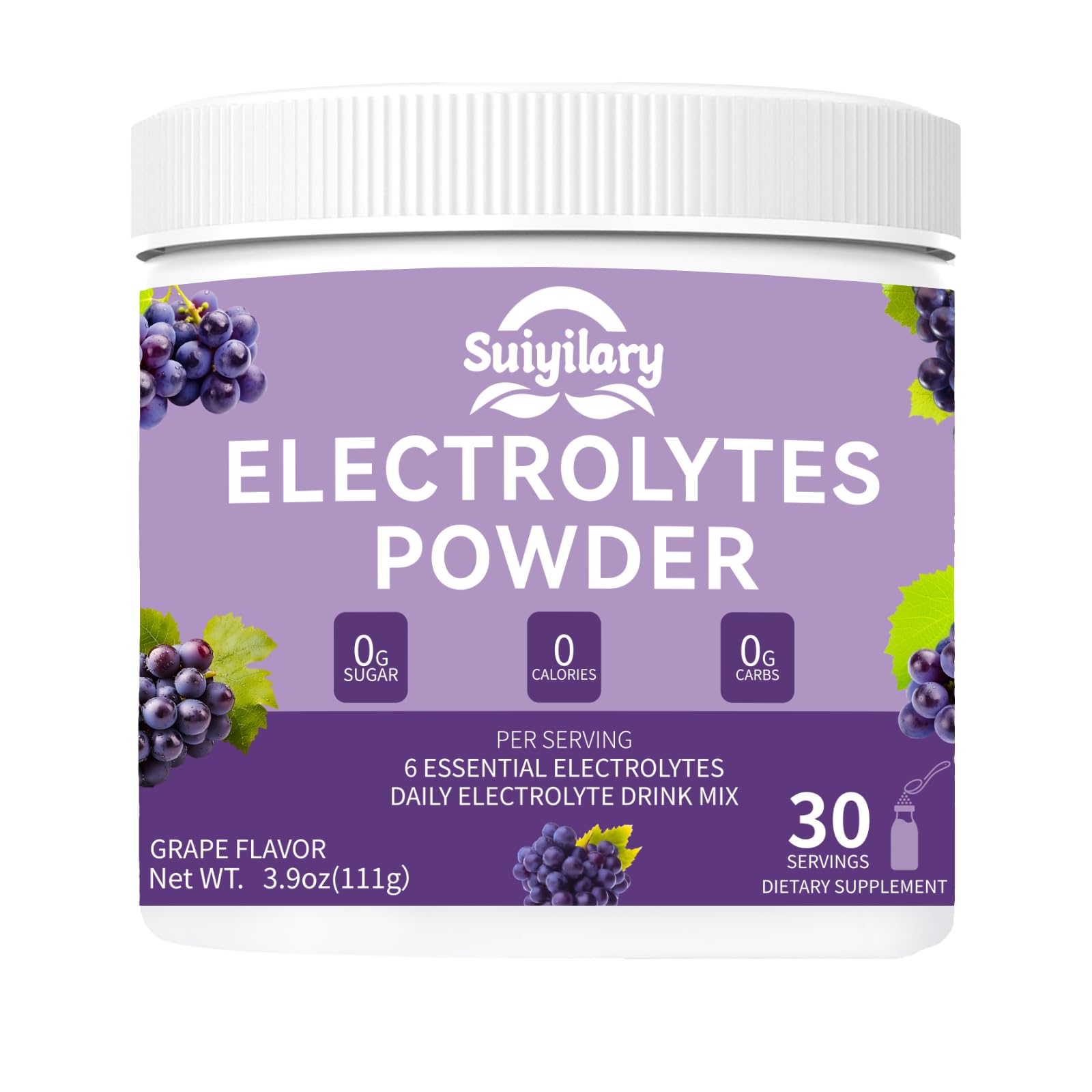 Suiyilary electrolyte powder tub front label showing sugar-free hydration option.