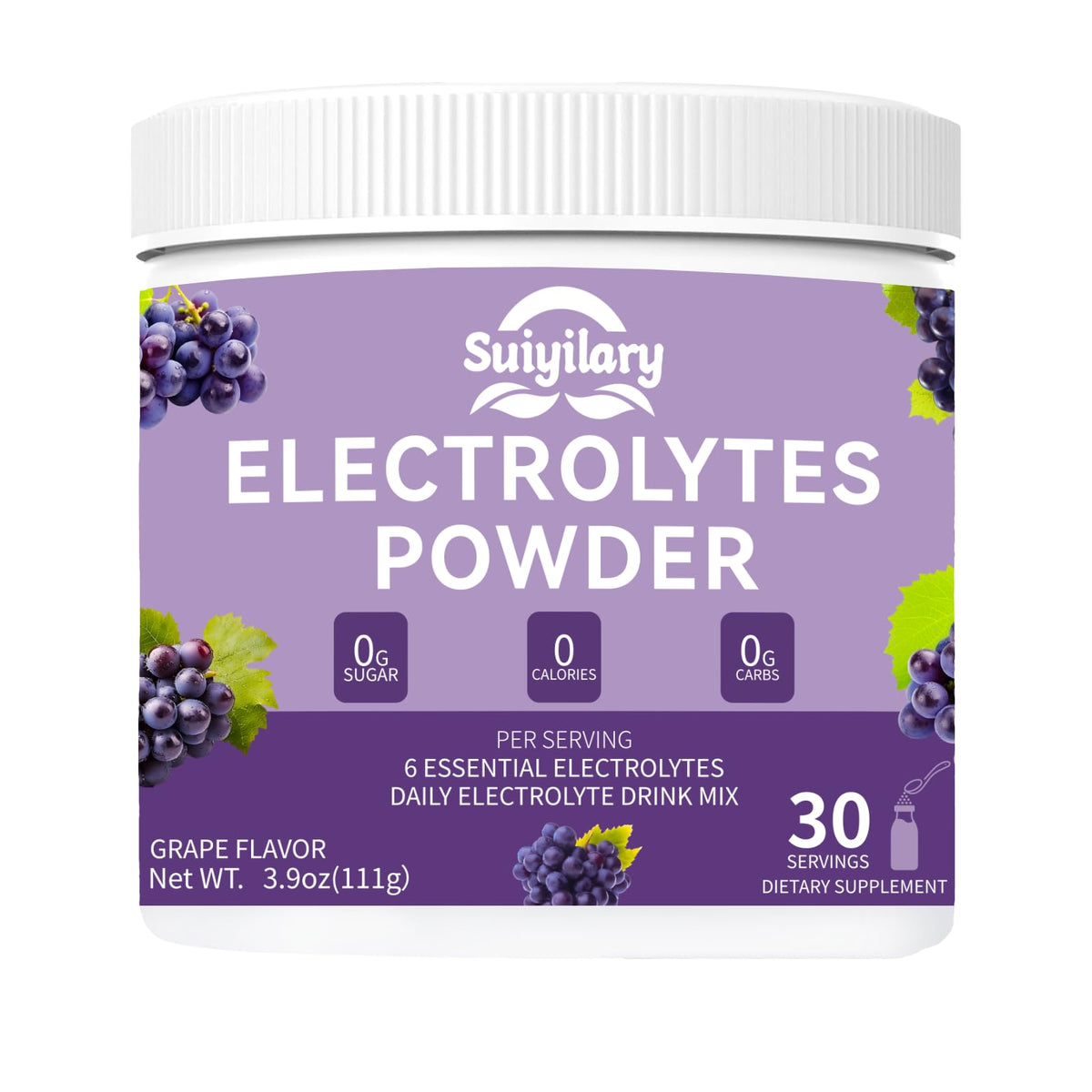 Suiyilary electrolyte powder tub front label showing sugar-free hydration option.
