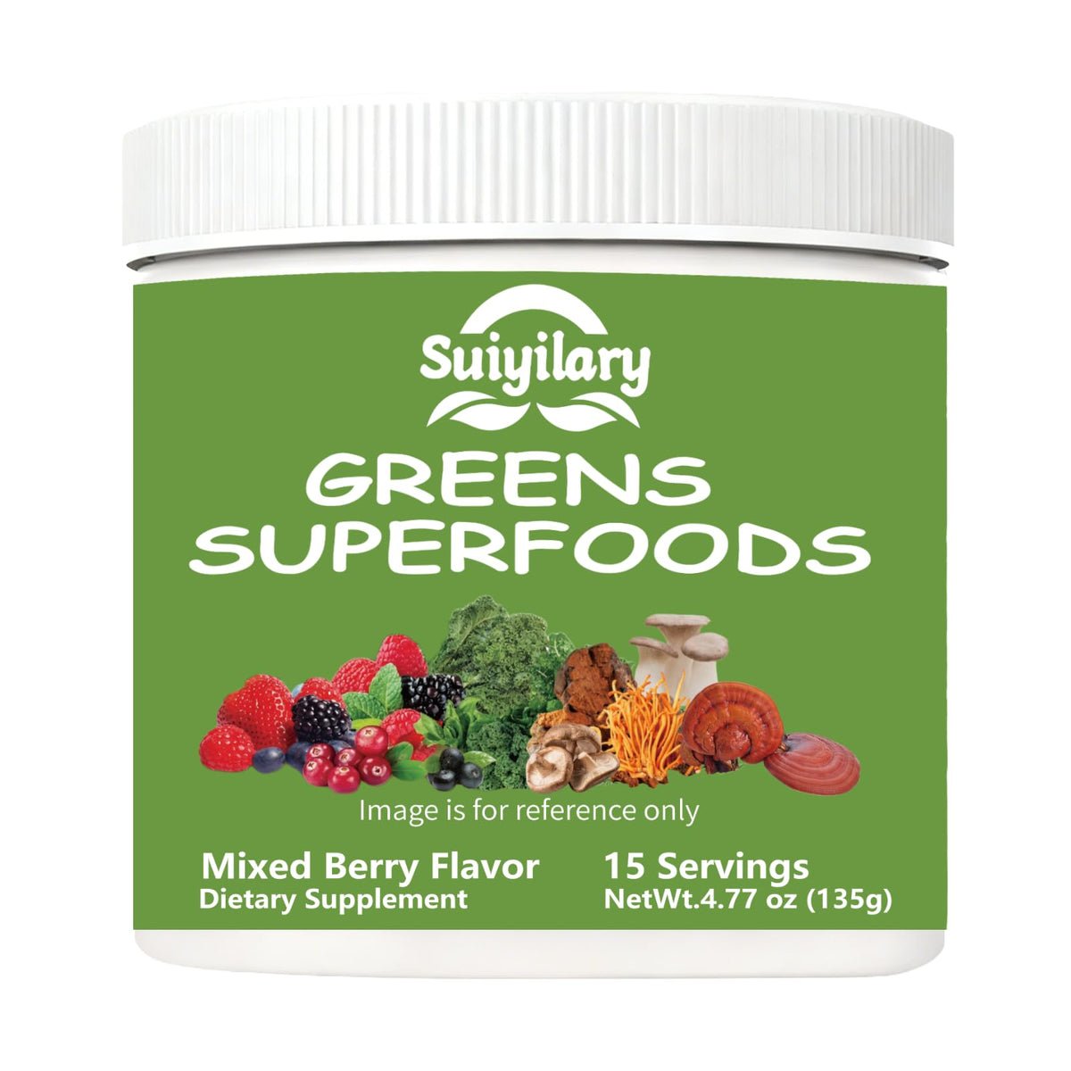 Suiyilary Greens Superfoods Powder bottle with mango flavor supports daily digestion.